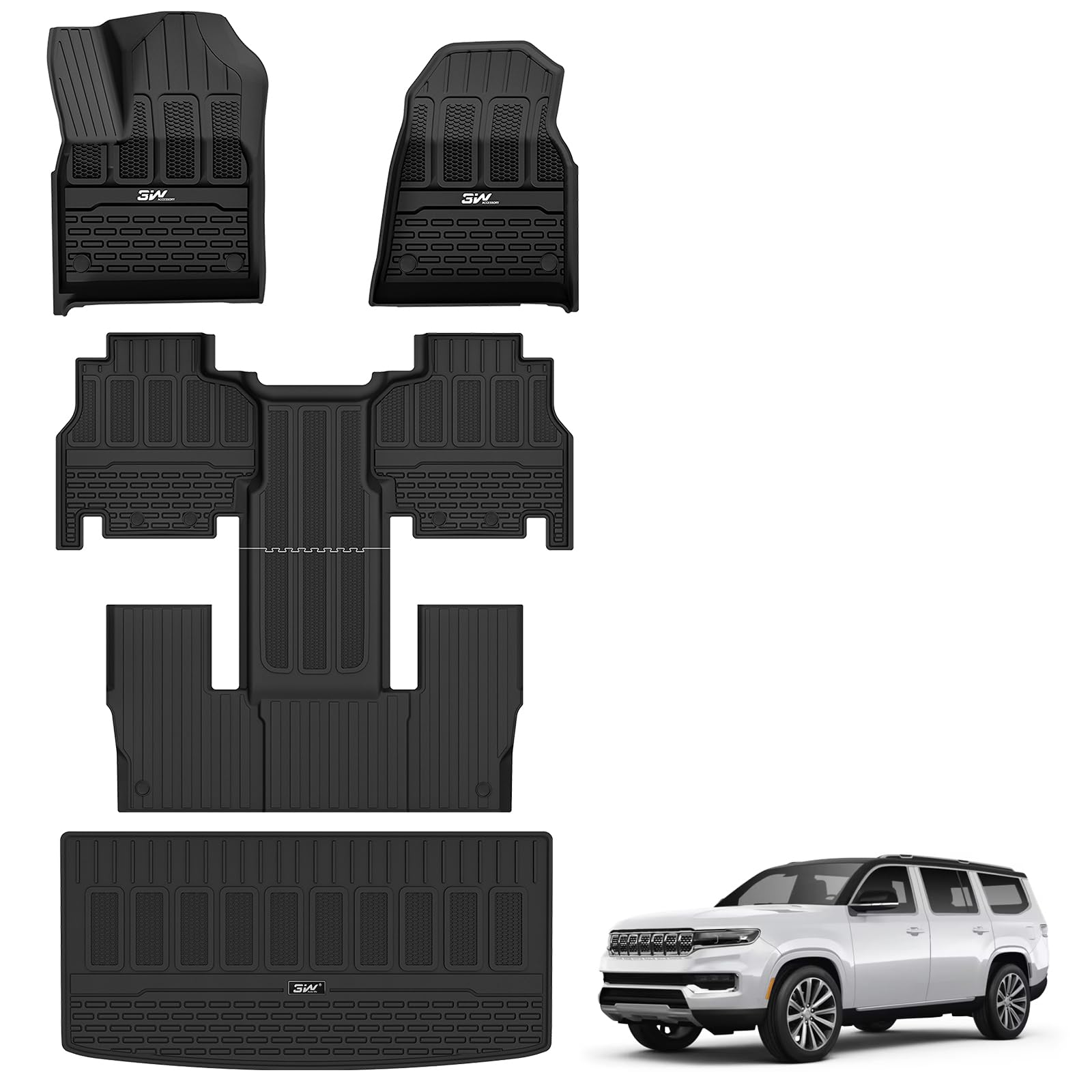 3W Floor Mats & Cargo Liner Fit For Jeep Grand Wagoneer 2022 2023 2024 2025 8 Seat (Not Fit For L Or 7 Seat), Tpe Custom Fit Wag