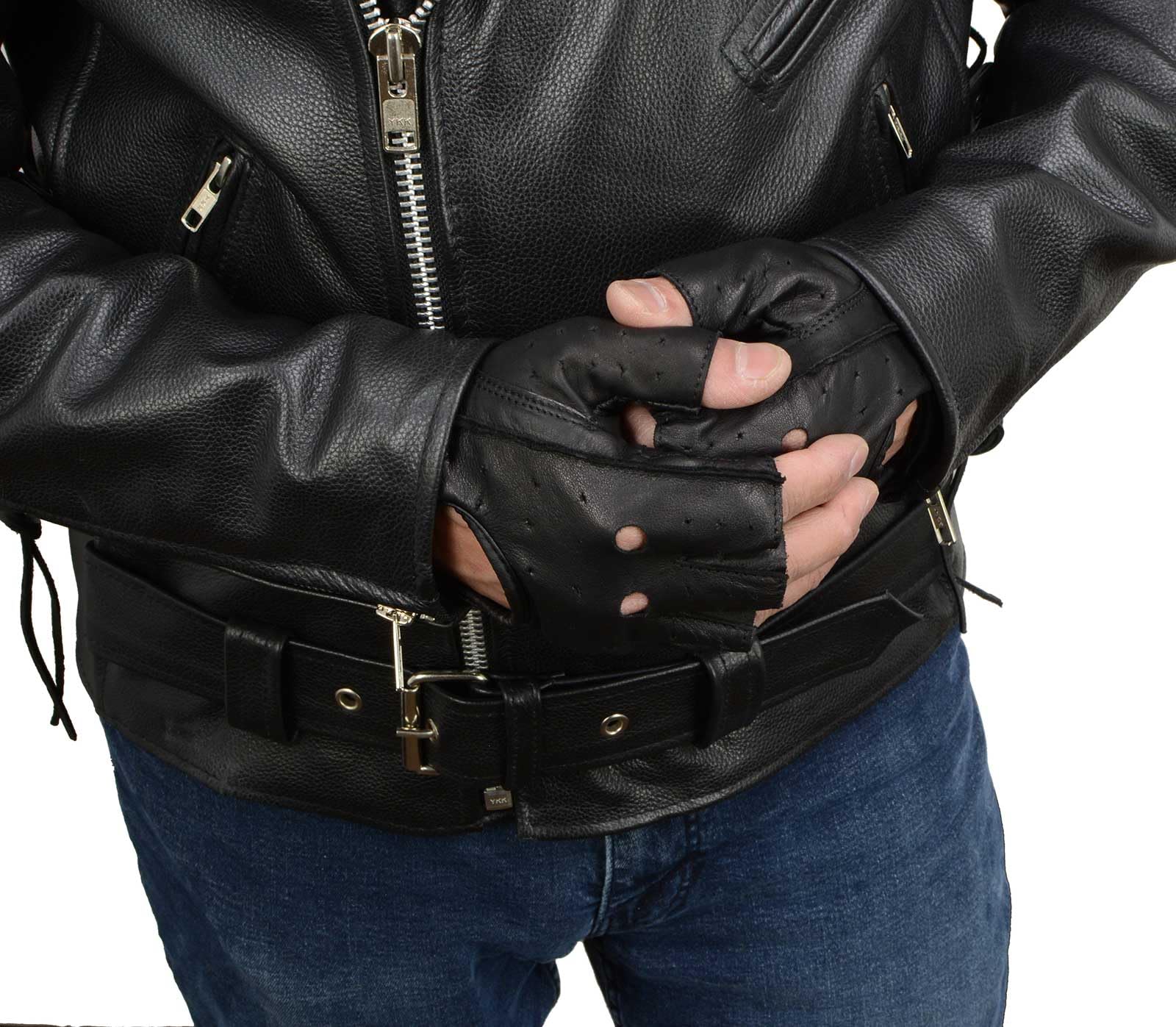 Milwaukee Leather Sh195 Men'S Black Leather Perforated Gel Padded Palm Fingerless Motorcycle Hand Gloves W/ Open Knuckle - Mediu