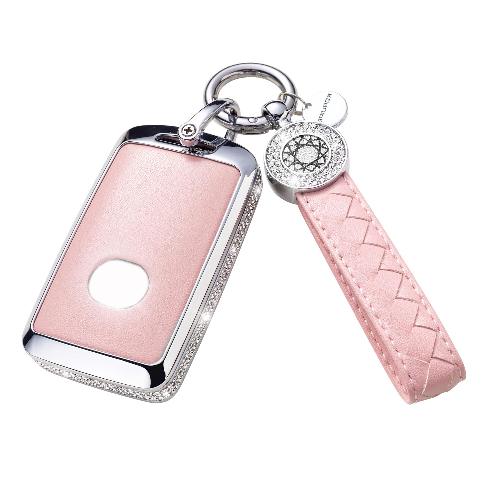 Ruabiban Key Fob Cover Compatible With Mazda, Pink Leather Crystal 360 Degree Protection Key Shell Case For 2019-2022 Mazda 3, M