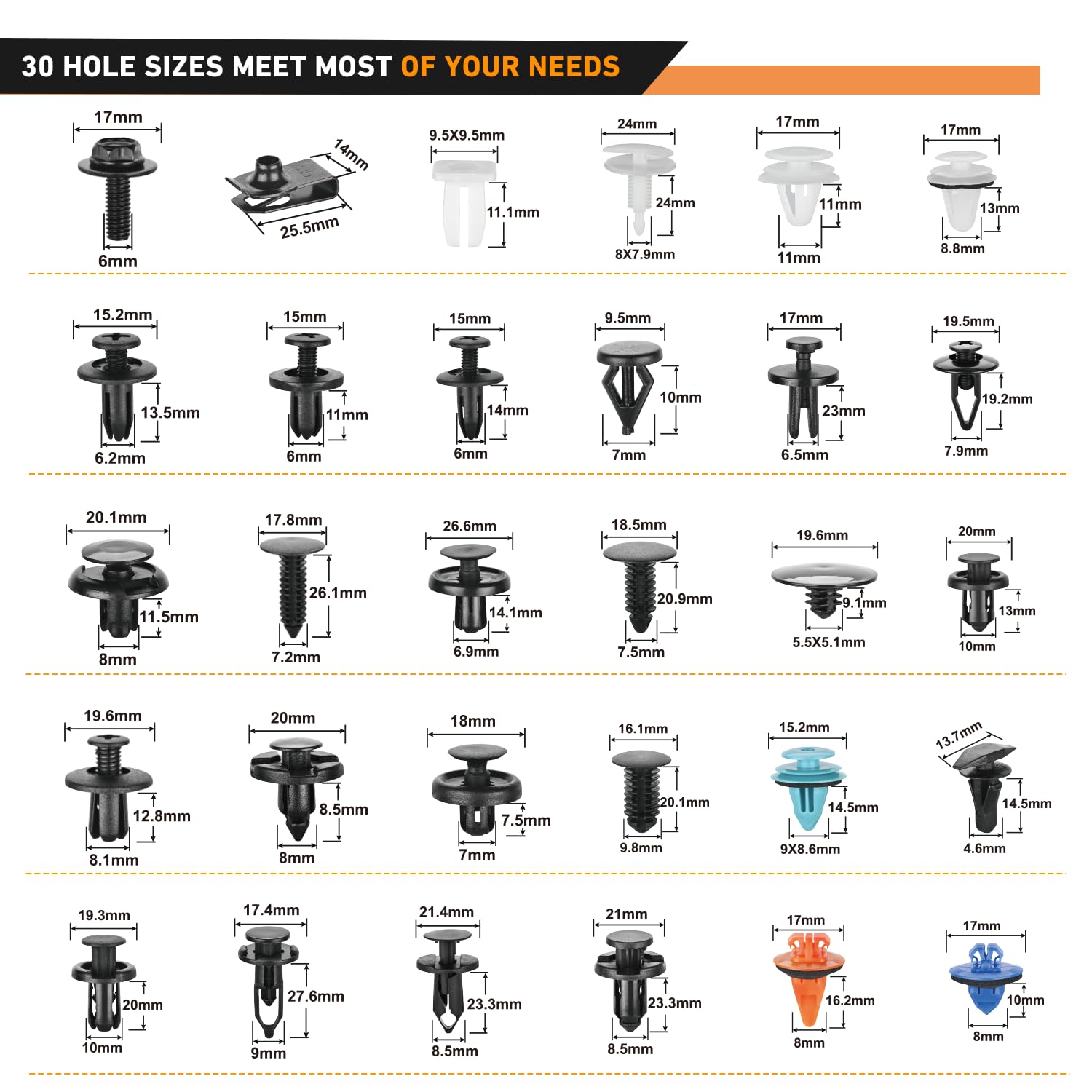 Gooacc 1045Pcs Car Push Retainer Clips & Auto Fasteners Assortment -30 Most Popular Sizes Nylon Bumper Fender Rivets With Fasten