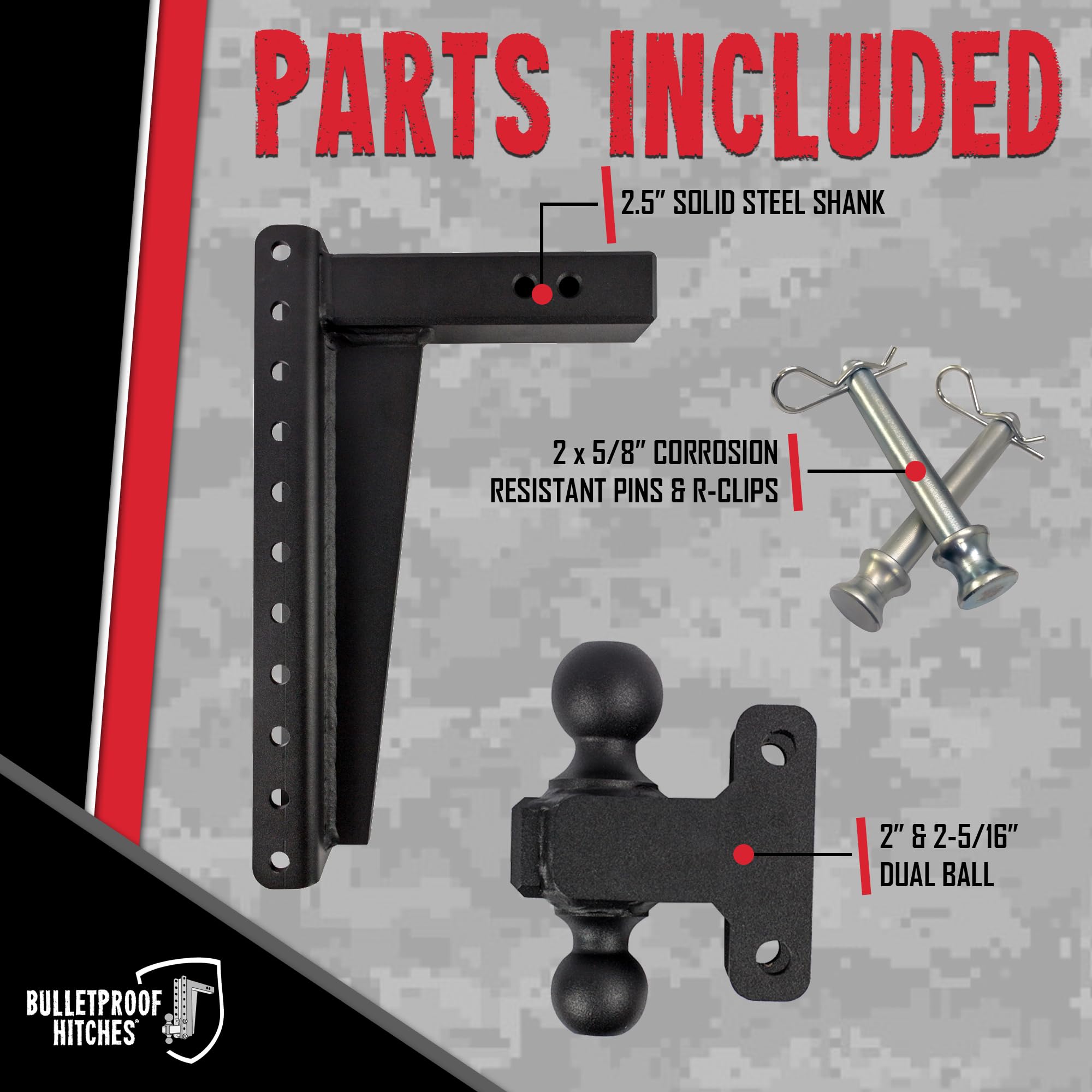 BulletProof Hitches 2.5" Adjustable Heavy Duty Trailer Hitch 22,000 lb Rating, 16" Drop/Rise, Black, Model HD2516
