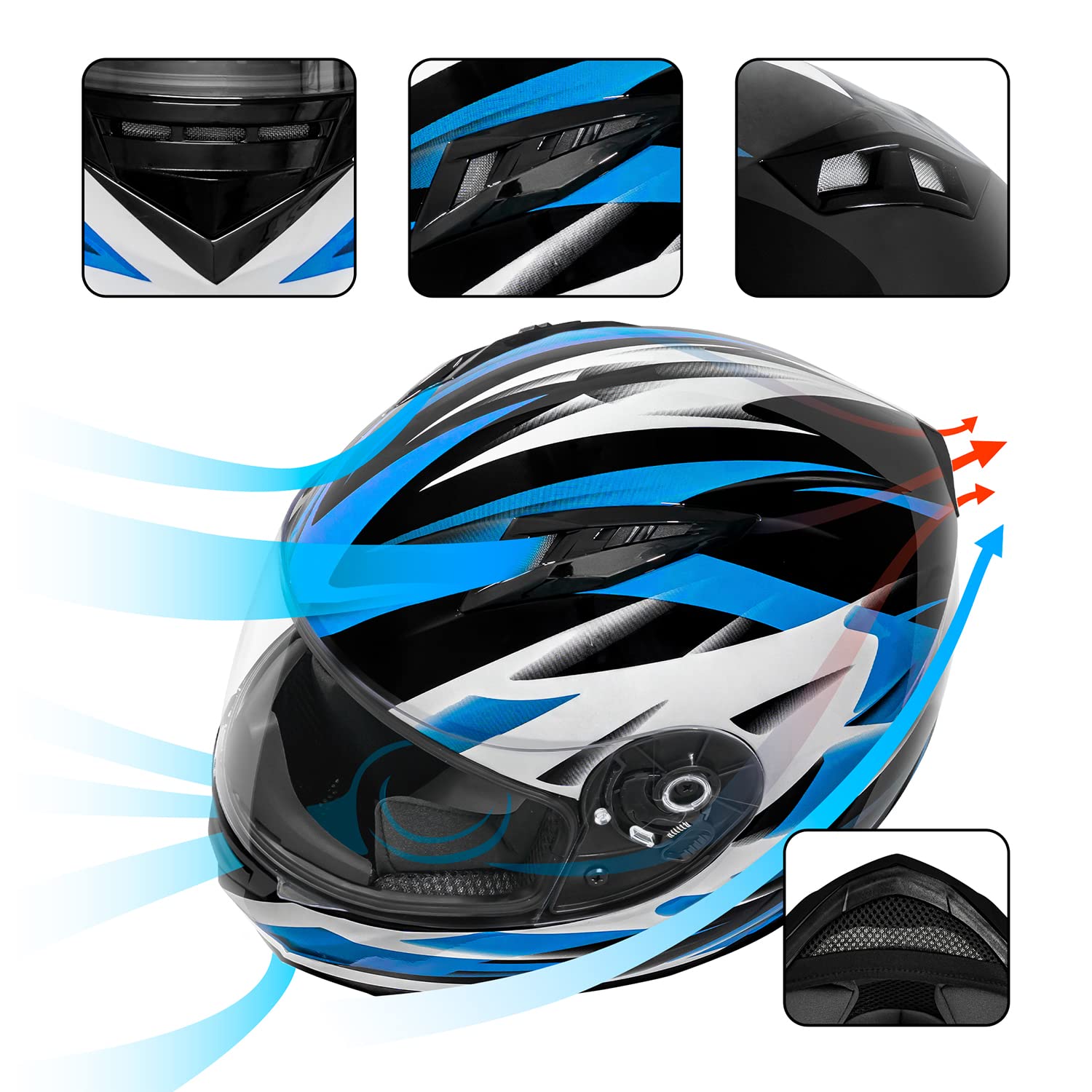 Vcan Vx Lightweight Full Face Motorcycle Street Bike Helmet With Extra Tinted Visor Dot Approved (Gloss Black Stream Blue, X-Lar