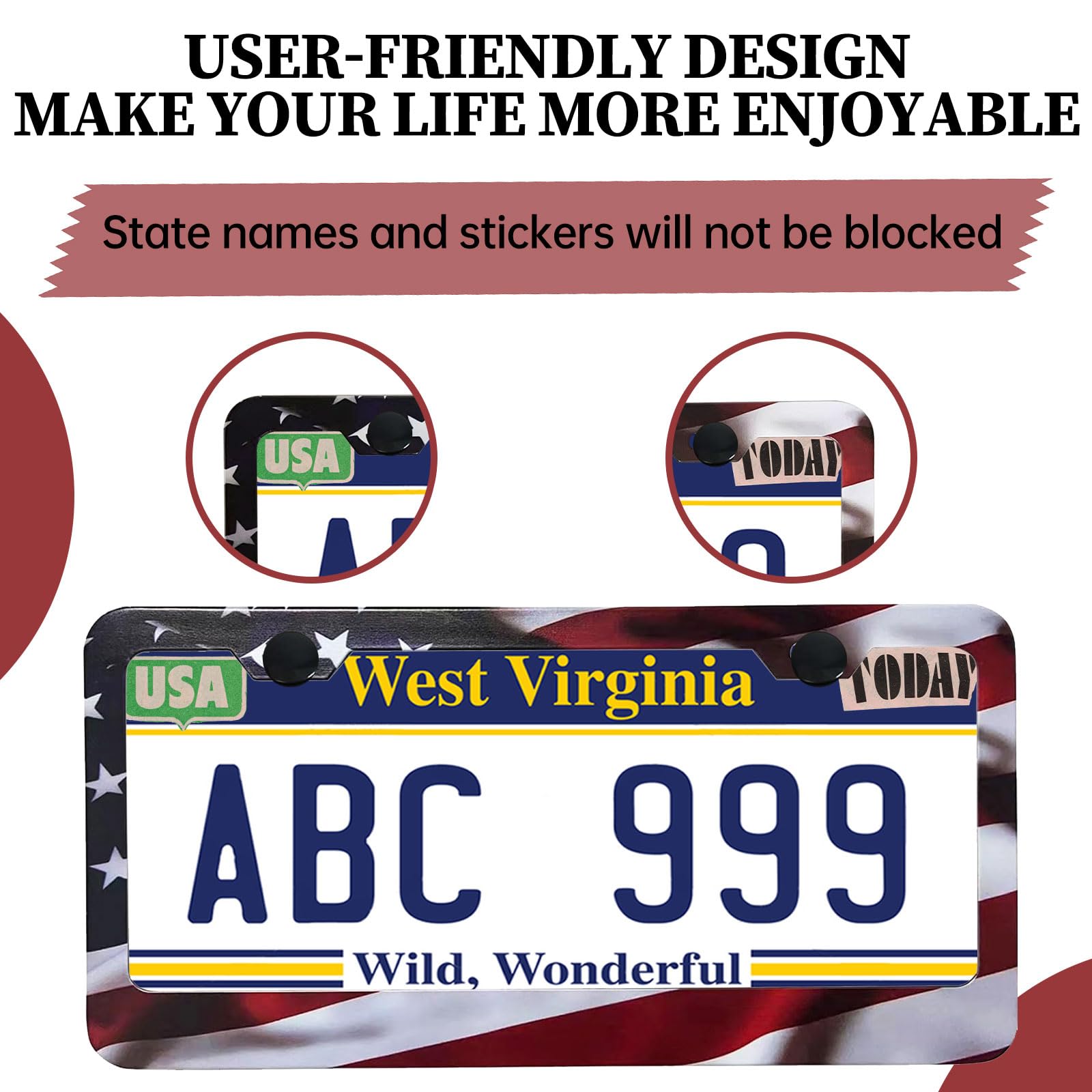 Patriotic American Flag License Plate Frame Holder - 2 Pack Universal Aluminum Matte Stripe Us Flag Gloss Car Plate Frame Covers