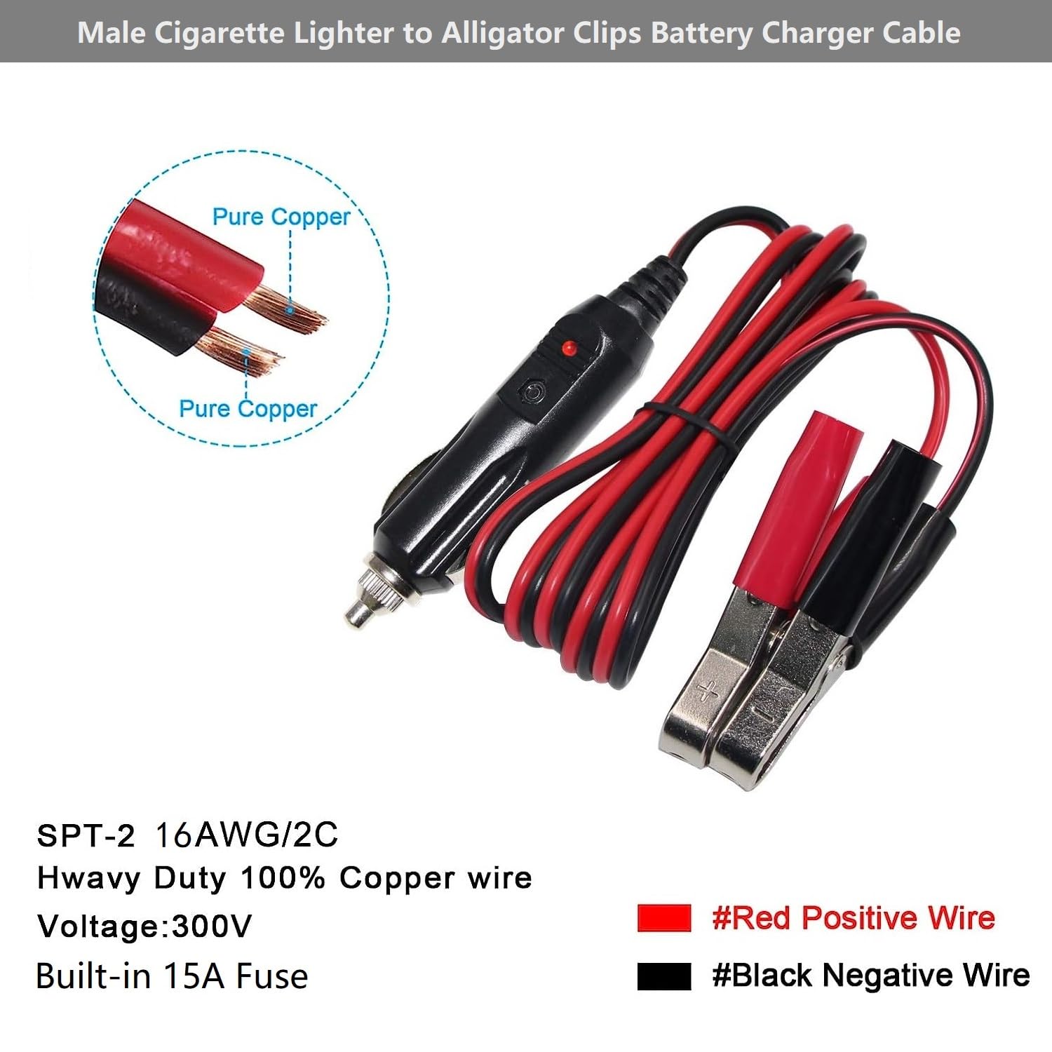 Alligator Clamp To Male Cigarette Lighter Extension Cable - 12V-24V Jumper Battery Charge Cord 3Ft Automotive Electrical Clip-On