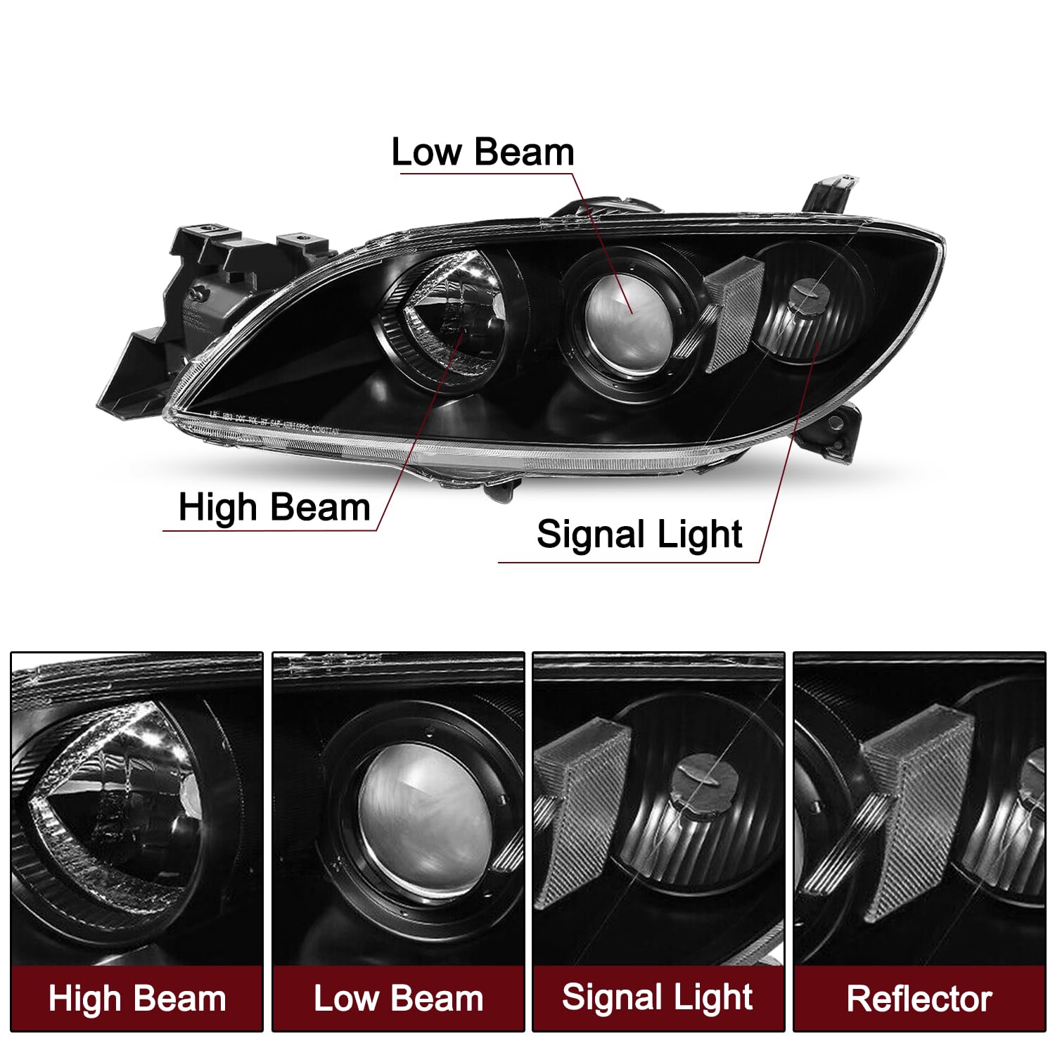 Jsboyat Halogen Headlight Assembly Compatible With 2004-2009 Mazda 3 Sedan 4-Door Driver And Passenger Side Black Housing With Clear Reflector (Bulbs Included)