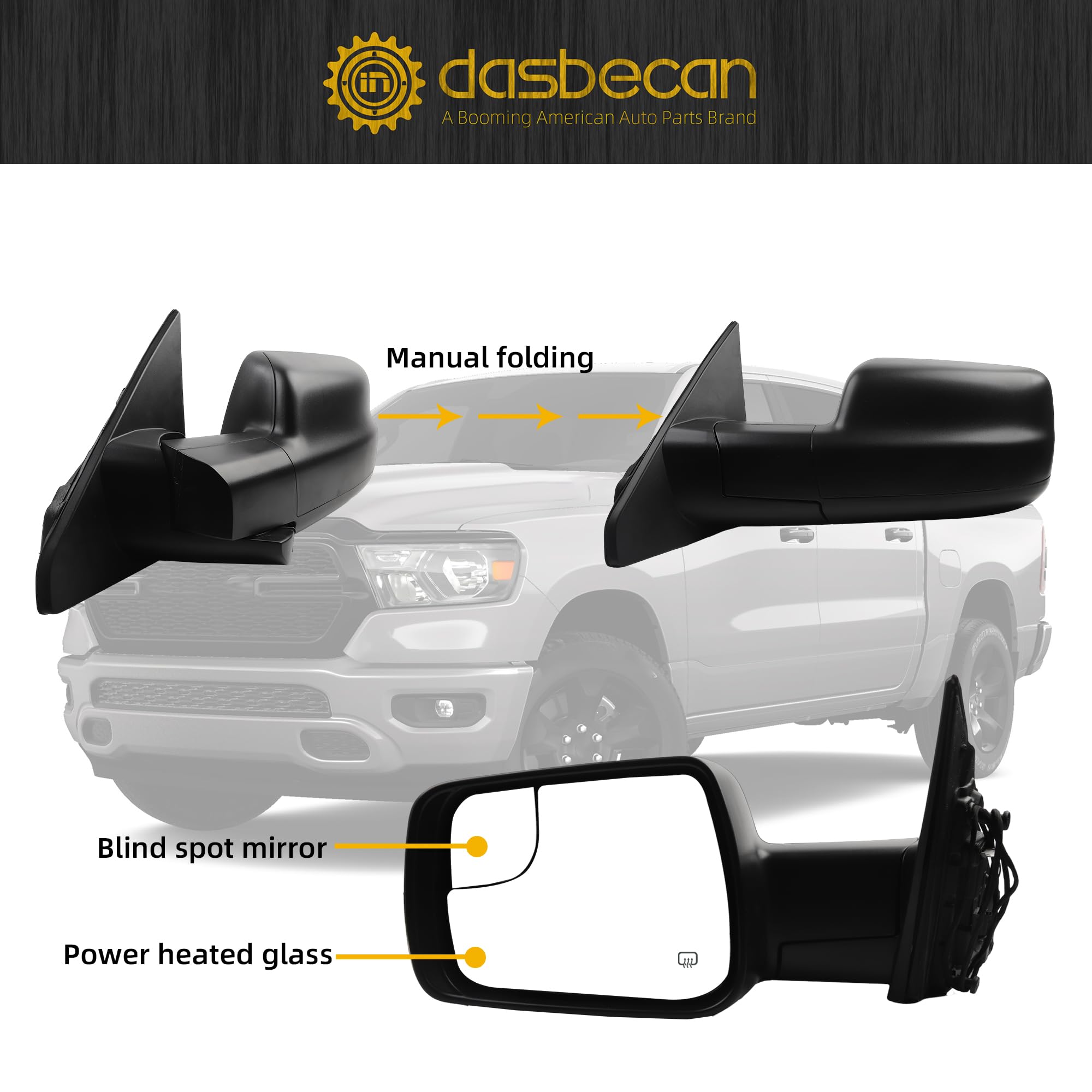 Dasbecan Left Driver Side Mirror Compatible with 2019-2024 Ram 1500 Rearview Mirror with Temp Sensor/Power Heated Glass/Manual F