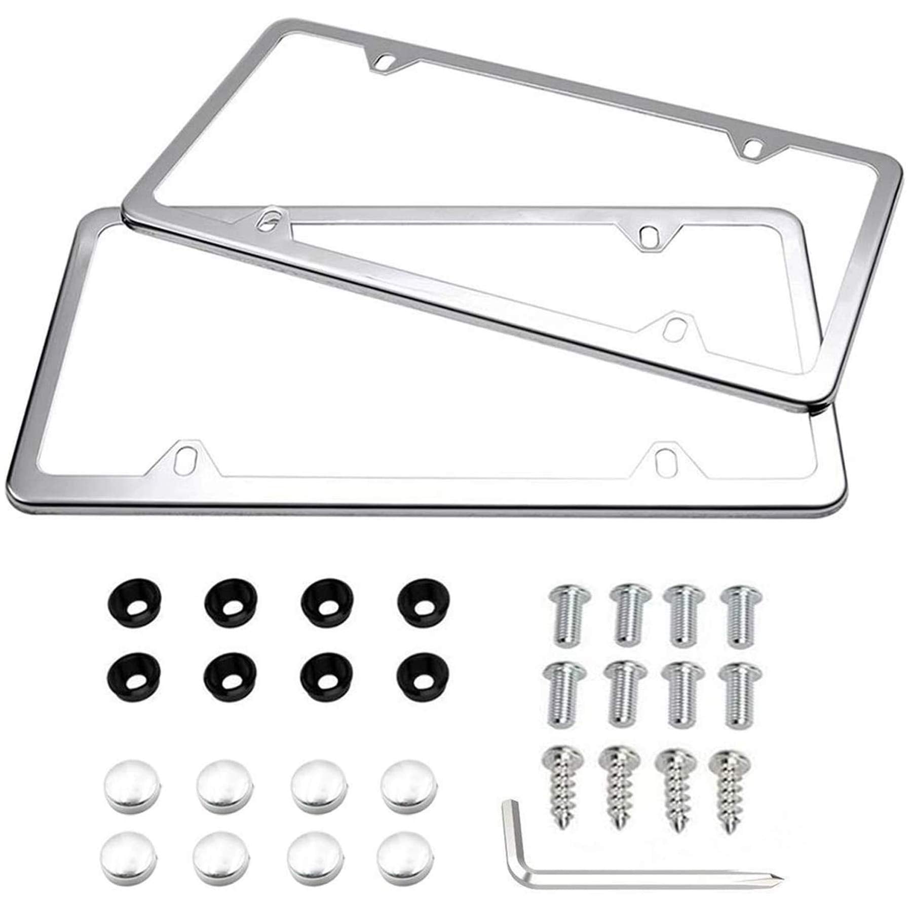 Indeed BUY Slim Stainless Steel License Plate Frames - 2 Pcs, 4 Holes, Polish Mirror Finish, Silver with Chrome Screw Caps