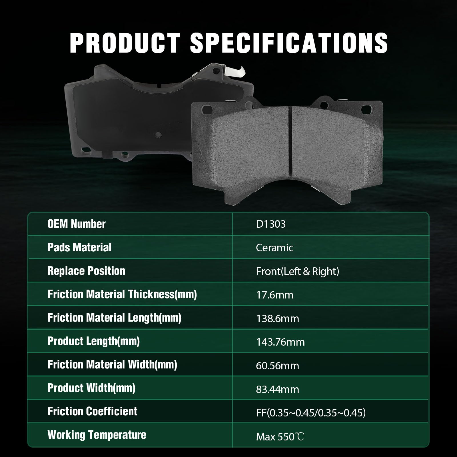 Automuto 4Pcs Front Ceramic Brake Pads D1303 For Lexus Lx570 2008-2011 2013-2019,For Toyota For Land Cruiser 2008-2011 2013-2019