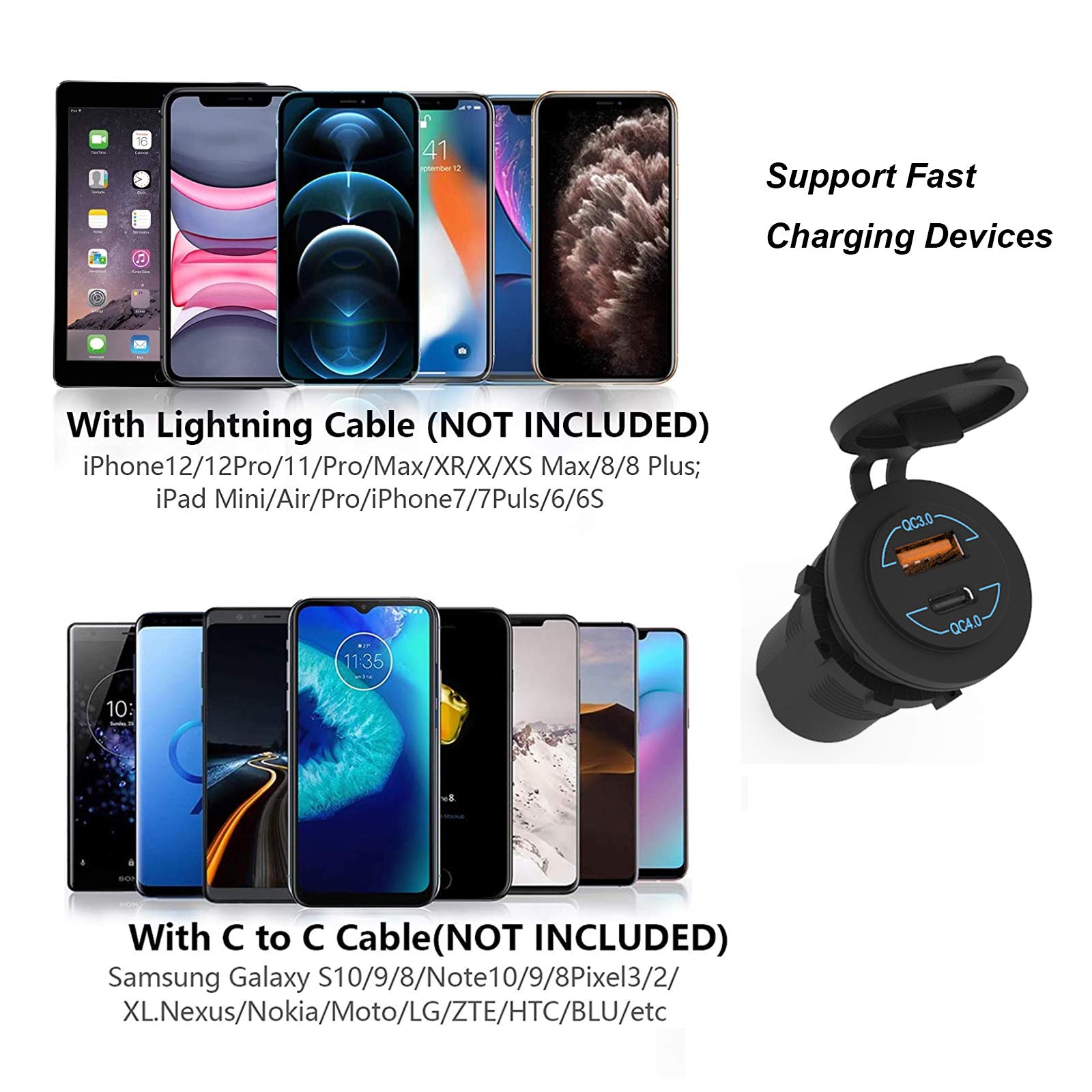 Quick Charge 4.0 PD Type C and Quick Charge 3.0 USB Charger Socket, AlfredDireck 12V/24V Car Power Outlet Waterproof Socket with