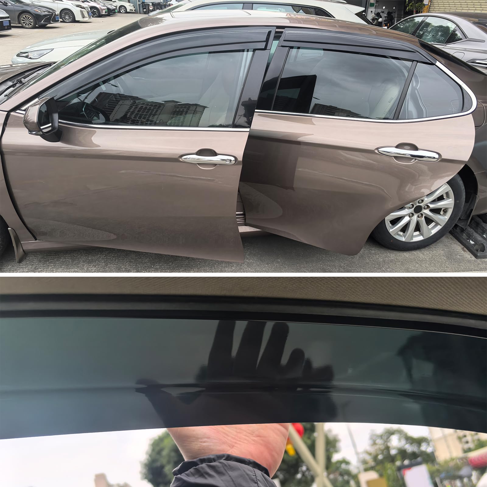 Ikon Motorsports Mugen Large Style Tape On Rain Guards, Compatible With 2018-2024 Toyota Camry, Acrylic Smoke/Tinted Window Viso