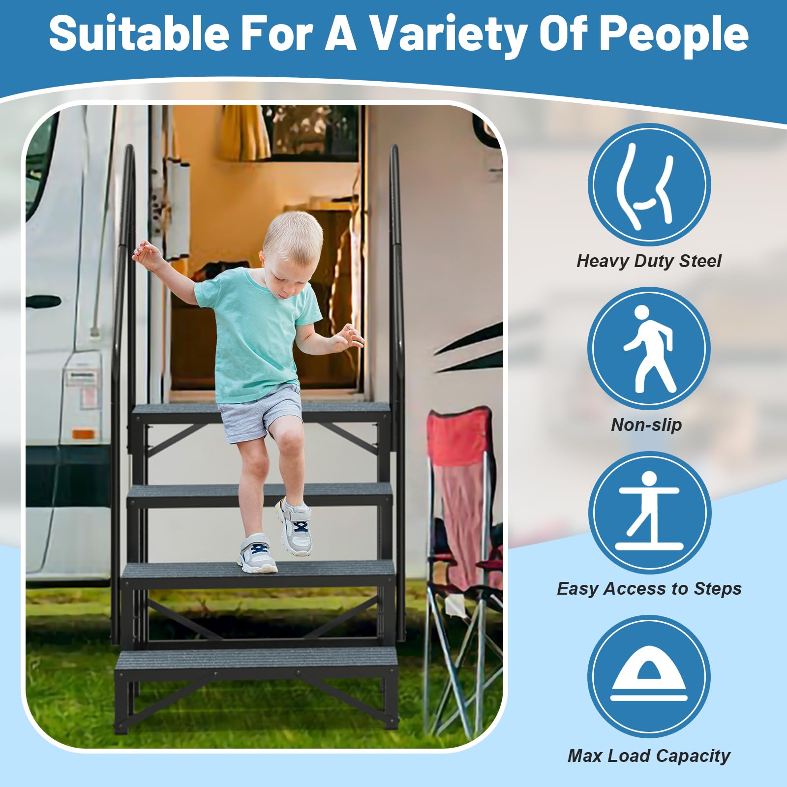 Rv Steps with Handrail 4 Step,Hot Tub Steps with Anti-Slip Mats,Heavy Duty Metal Mobile Home Stairs,Camper Steps for Travel Trai