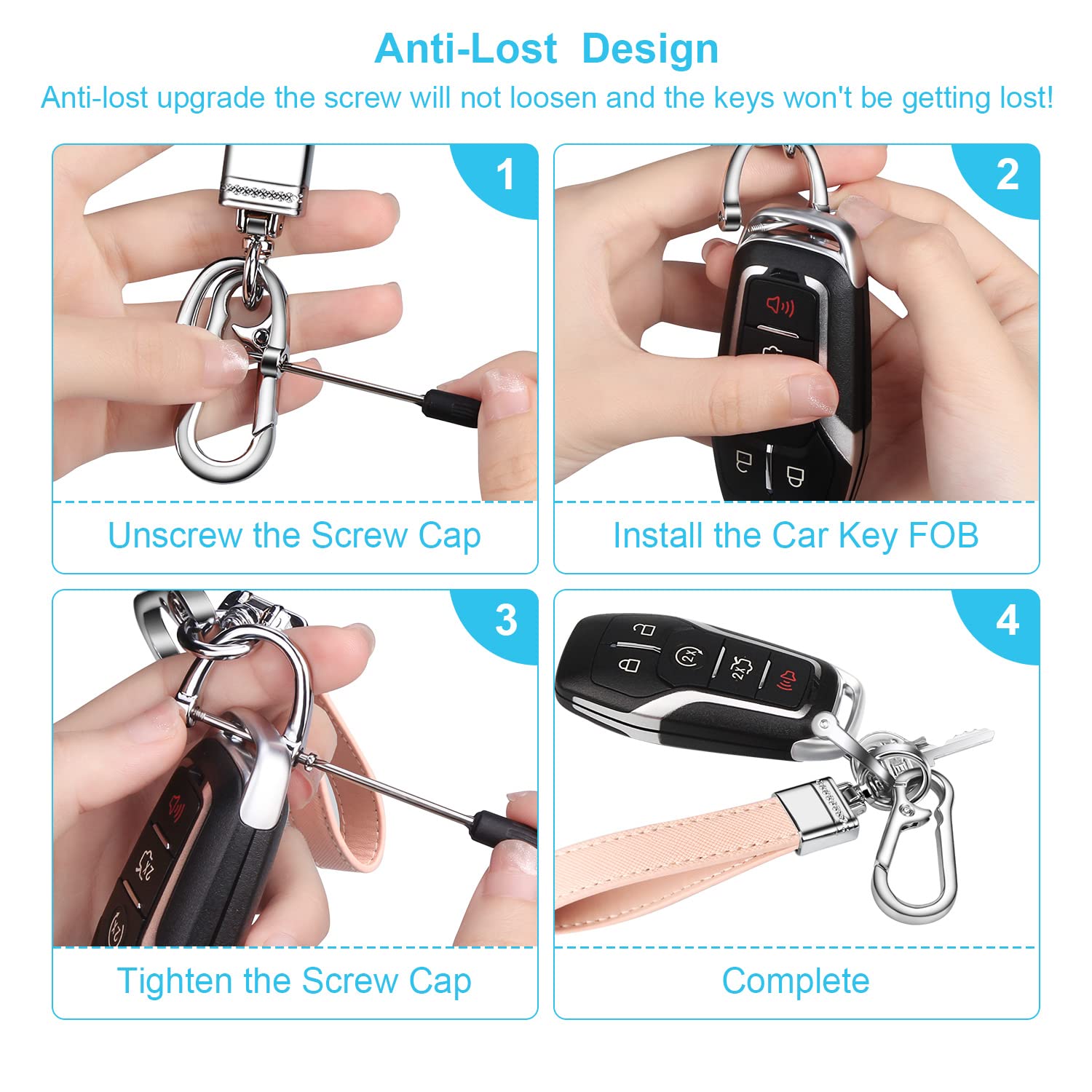 Qbuc Genuine Leather Car Keychain,Universal Heavy Duty Metal Key Chain Accessories,Car Fob Key Keychain Holder With 360 Degree R