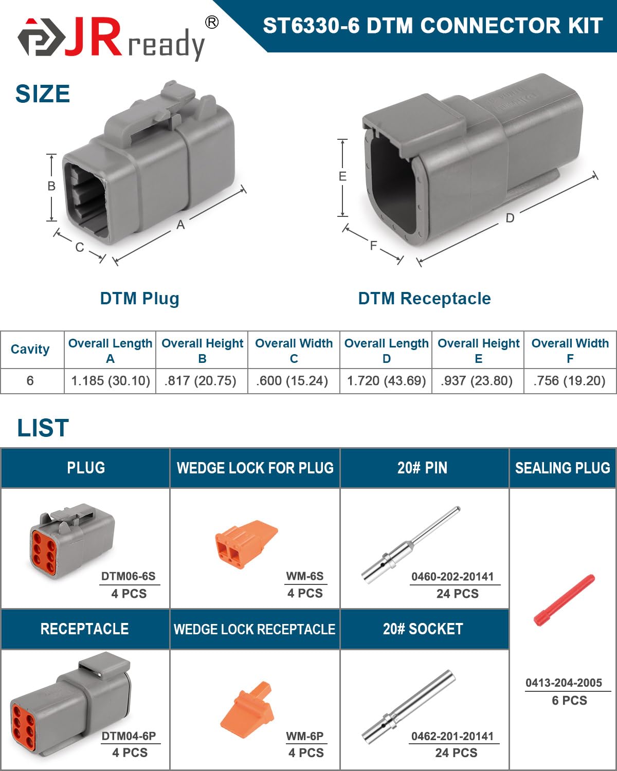 JRready Deutsch DTM 6 Pin Connectors 4 Kits, Waterproof Electrical Wire Connectors with Size 20 Solid Contacts 20-22AWG, ST6330-