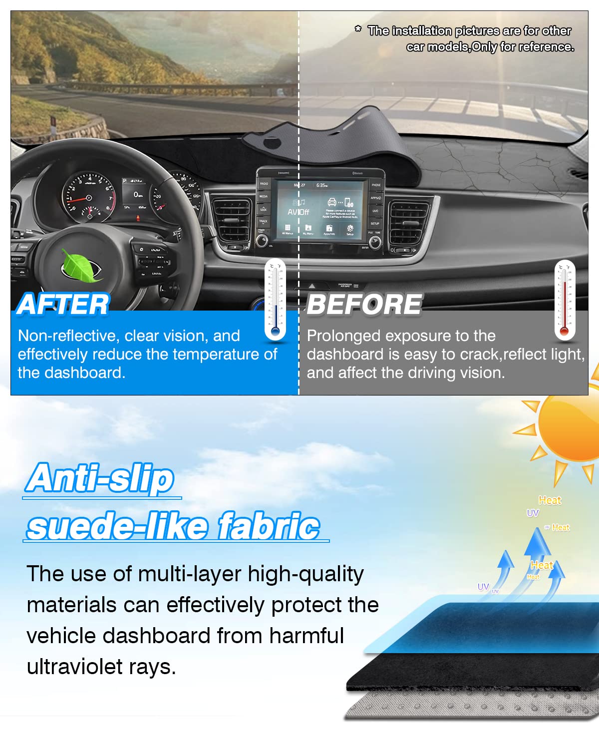 Cartist Dash Cover Custom Fit for Kia Rio Sedan LX EX S 2017-2023 Accessories Dashboard Cover Mat Non-Slip Pad Carpet Anti-Glare