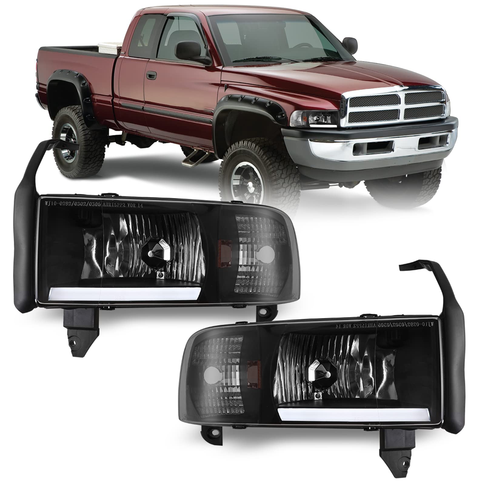 Roxx Drl Headlight Assembly Compatible With 94-01 Dodge Ram 1500/1994 1995 1996 1997 1998 1999 2000 2001 2002 Dodge Ram 2500 3500 (With Drl)