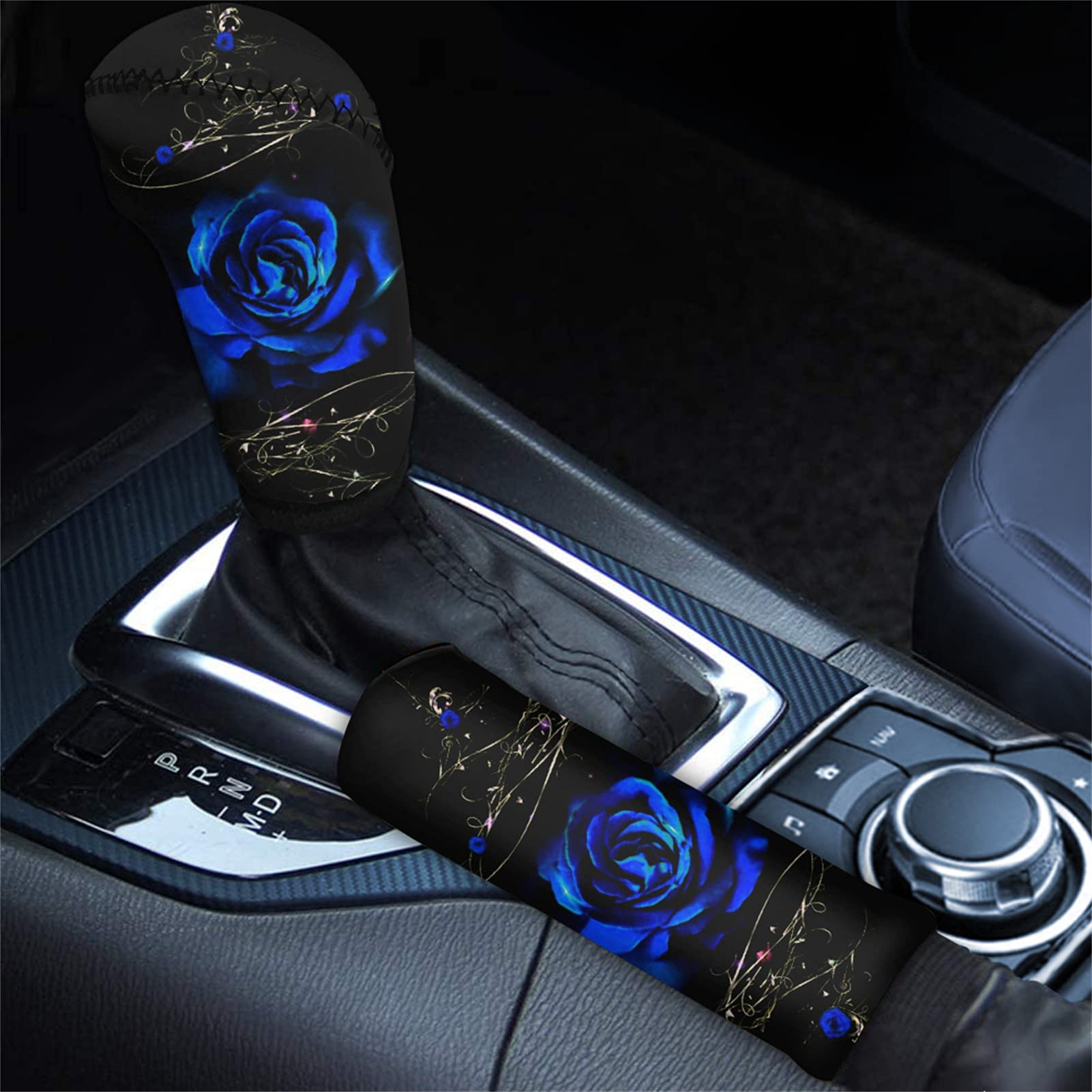 STUOARTE Blue Rose Print Fashion Car Handbrake Cover Gear Shift Knob Cover Set for Women, Universal Anti Skid Breathable Car Acc