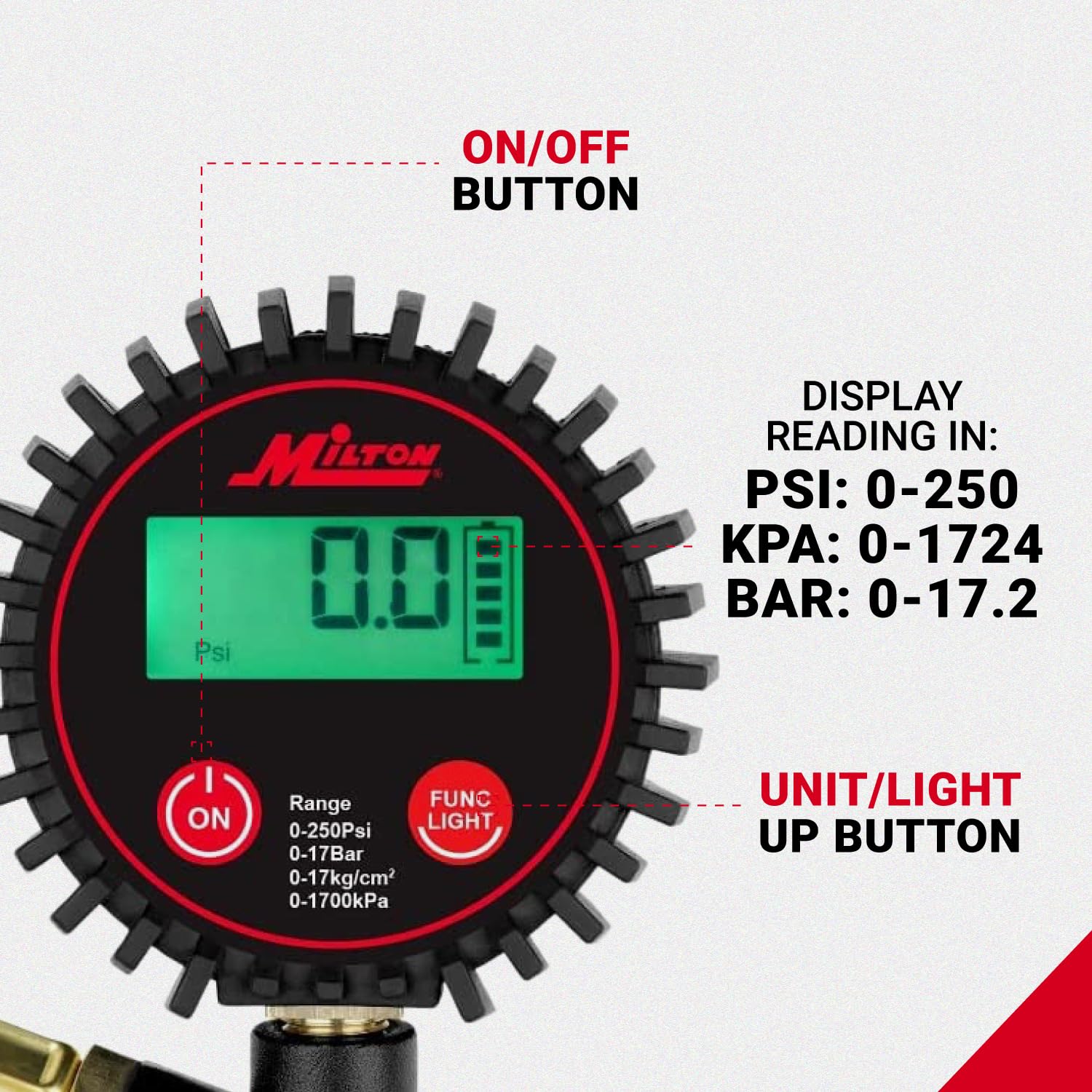 Milton 507Kit Digital Tire Inflator Car Accessories W/Accurate Air Tire Pressure Gauge, 14    Rubber Air Hose - 250 Psi, Brass L