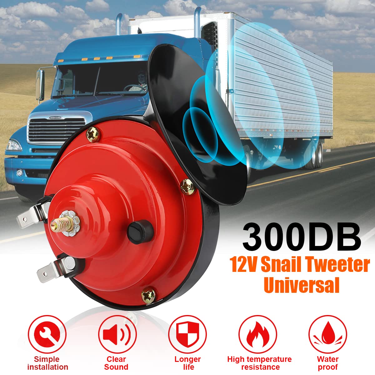 2Pcs 300Db Super Loud Train Horns, 12V Waterproof Air Horns Replacement Kit, Car Air Electric Snail Double Horn, Automotive Accessories Universal For Car, Motorcycle, Truck, Bike, Boat (Red)