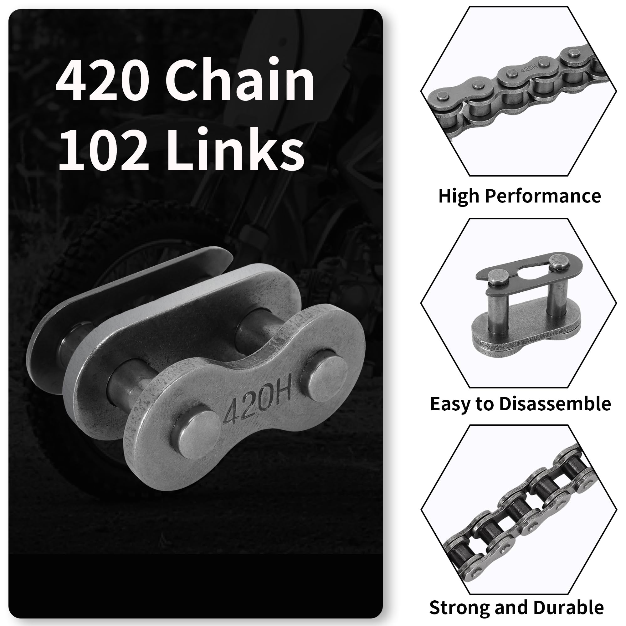Rutu 420 Chain Master Link 102 Links 420 Heavy Duty Drive Roller Chain For Xr50 Crf50 Crf70 Pw80 50Cc 70Cc 90Cc 110Cc 125Cc Motorcycle Dirt Pit Bike Atv Go Kart 4 Wheeler Quad With Chain Breaker