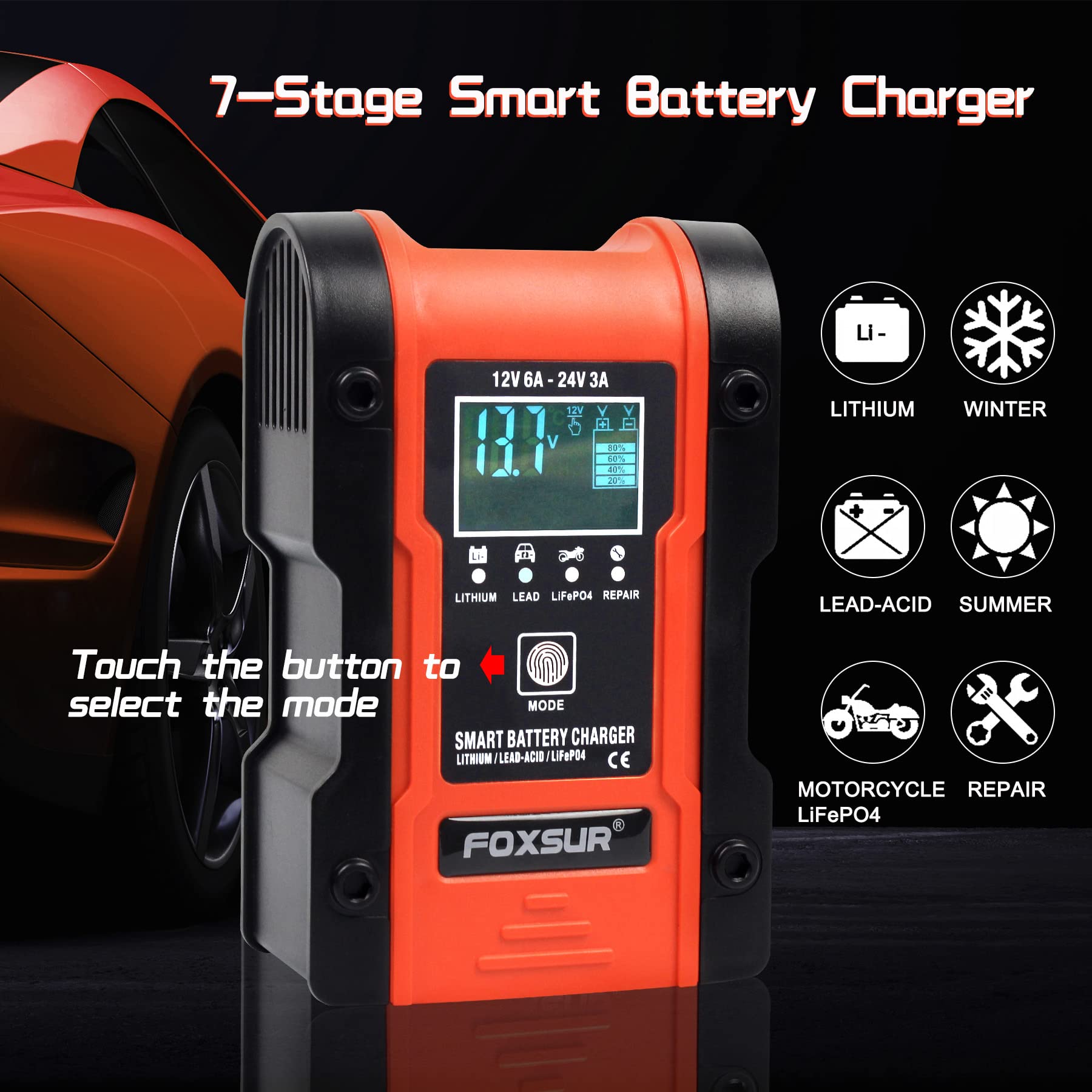 Ieik Automotive Battery Charger 12V 6A - 24V 3A Multi-Function Smart Charger Maintainer For Car, Truck, Motorcycle, Lawn Mower, Boat, Atv, Lithium, Lifepo4, Lead-Acid, Deep Cycle Battery Charger