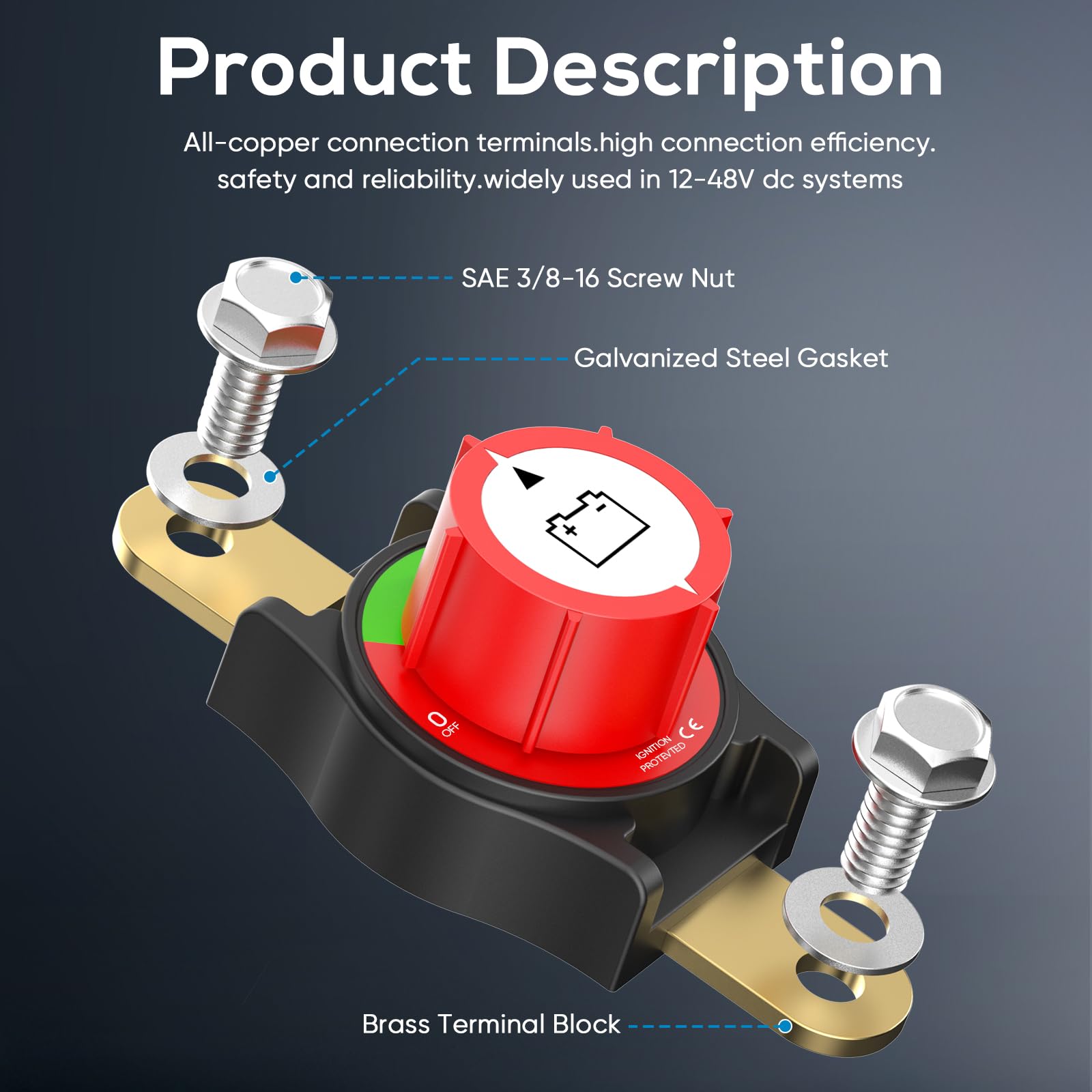 Side Post Battery Disconnect Switch, On/Off 12-48V Side Post Battery Switch Heavy-Duty Battery Disconnect Switch For Cars, Vehic