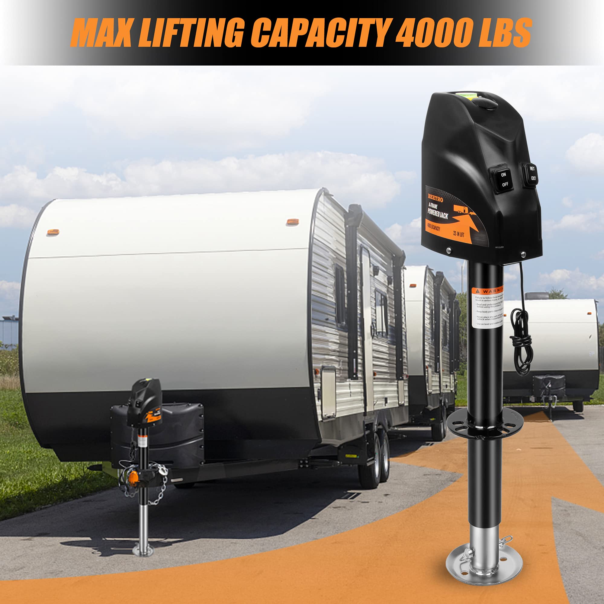 Beetro 4000 Lbs Electric Trailer Jack, Power Tongue Jack For Travel, Trailer, Camper, Rv, 22" Lift, 12V Dc, Black