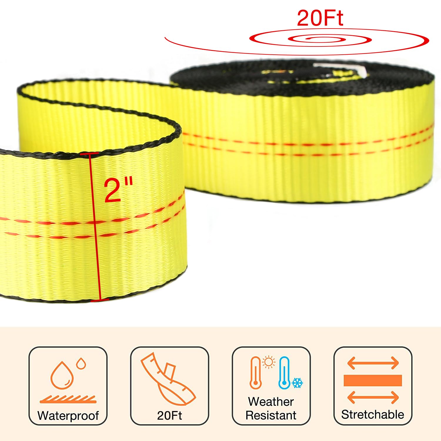 Sumpluct Recovery Tow Strap 2In X 20Ft Heavy Duty 20,000 Lbs Break Strength, Use For Emergency Towing Rope, Tree Saver, Winch Ex