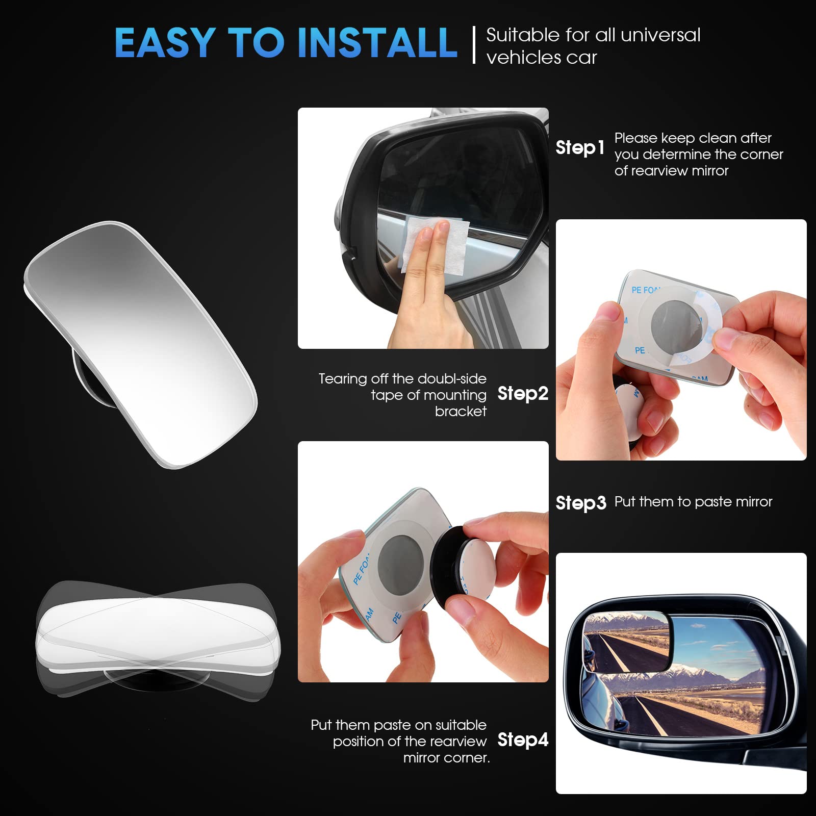 Bbto Blind Spot Car Mirror 4 Pack 360 Degree Glass Traffic Safety Rearview Mirror Rectangle Convex Spot Frameless Adjustable Sel