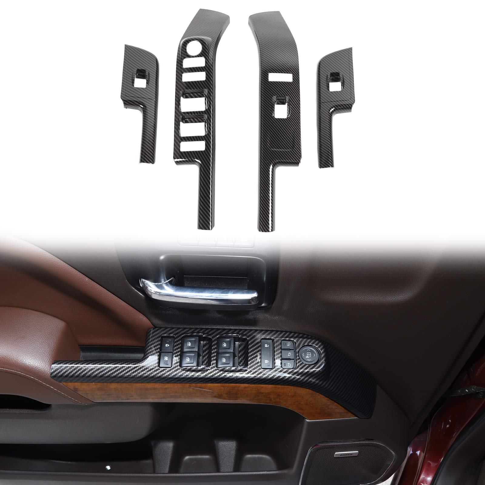 Rt-Tcz For Chevy Silverado Carbon Fiber Window Switch Panel Trim Cover For Chevrolet Silverado Gmc Sierra 2014 2015 2016 2017 Carbon Fiber Interior Accessories 4Pcs