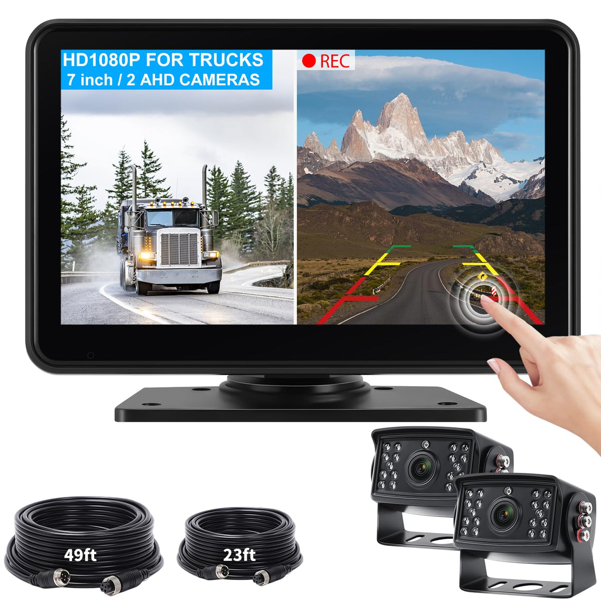 Ahd1080P Wired Backup Camera System, 7'' Touch Screen Monitor With Split Modes, 2 Reverse Rear View Cameras With Ir Nightvision,