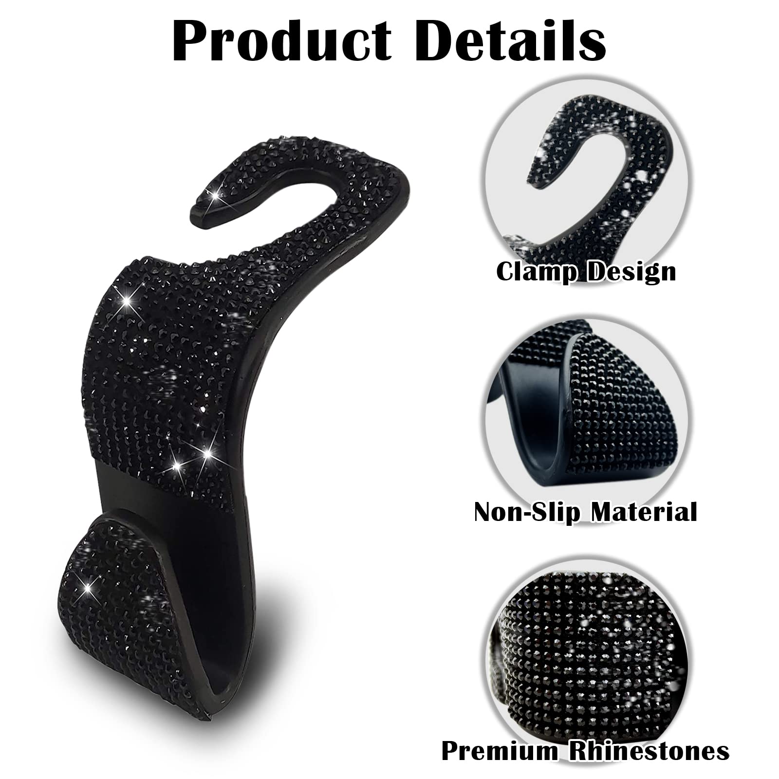 Osifit 2Pcs Car Seat Hooks - Bling Rhinestone Headrest Hooks With Universal Design - Perfect For Holding Handbags, Clothes, Purs