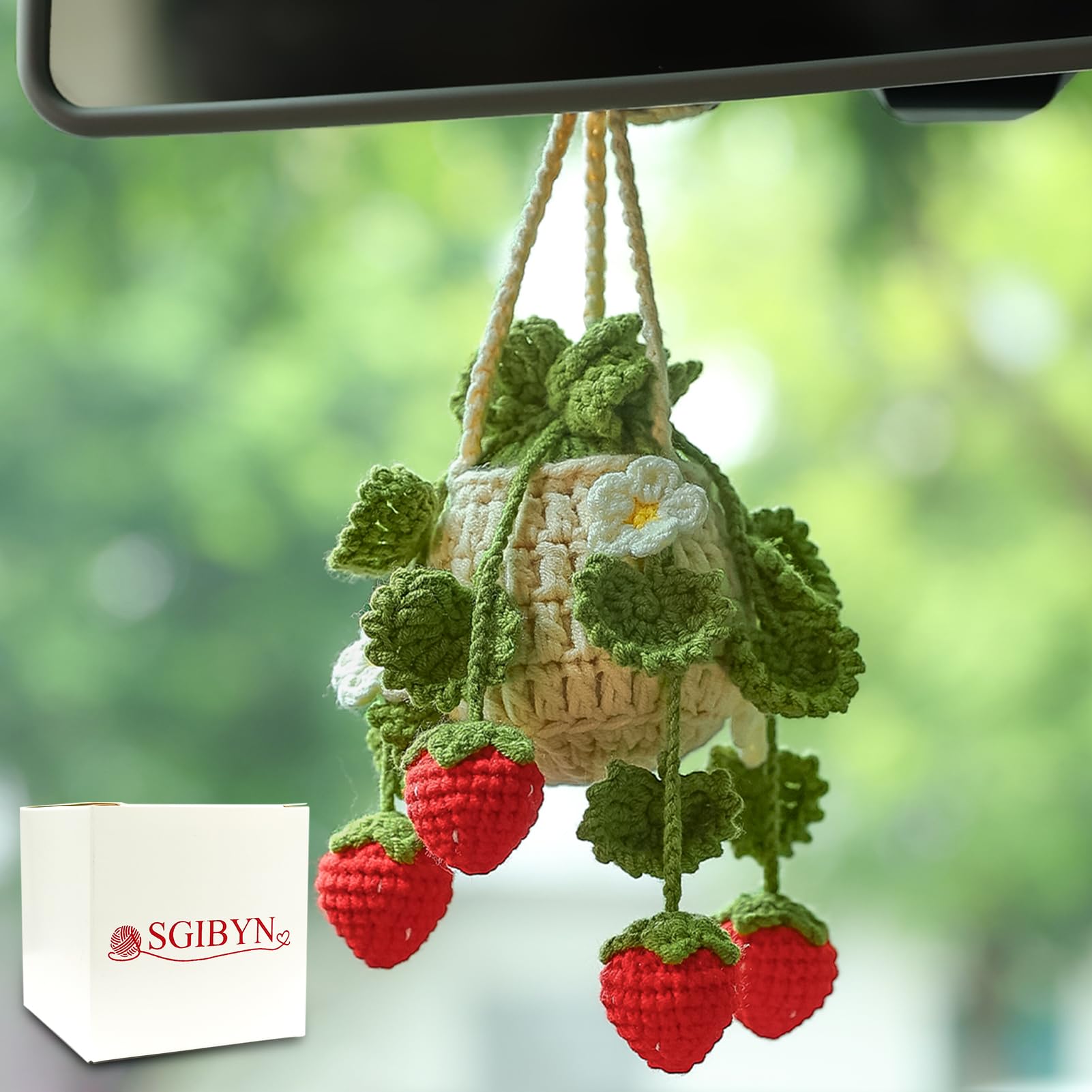 Sgibyn Crochet Hanging Plant For Car,Car Decorations Interior,Plant Strawberry Aesthetic Car Accessories For Women Interior Cute