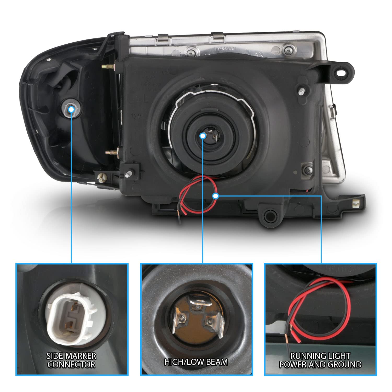 Amerilite For 1997-2000 Toyota Tacoma 2Wd Pickup Led Tube Black Reaplcement Headlights + Corner Light Set - Passenger And Driver Side