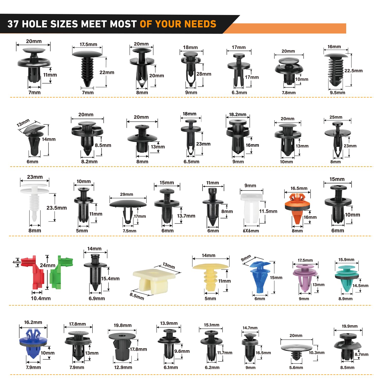 Gooacc 1295Pcs Car Retainer Clips And Auto Fasteners Assortment-37 Most Popular Sizes Nylon Bumper Fender Rivets With 10 Cable T