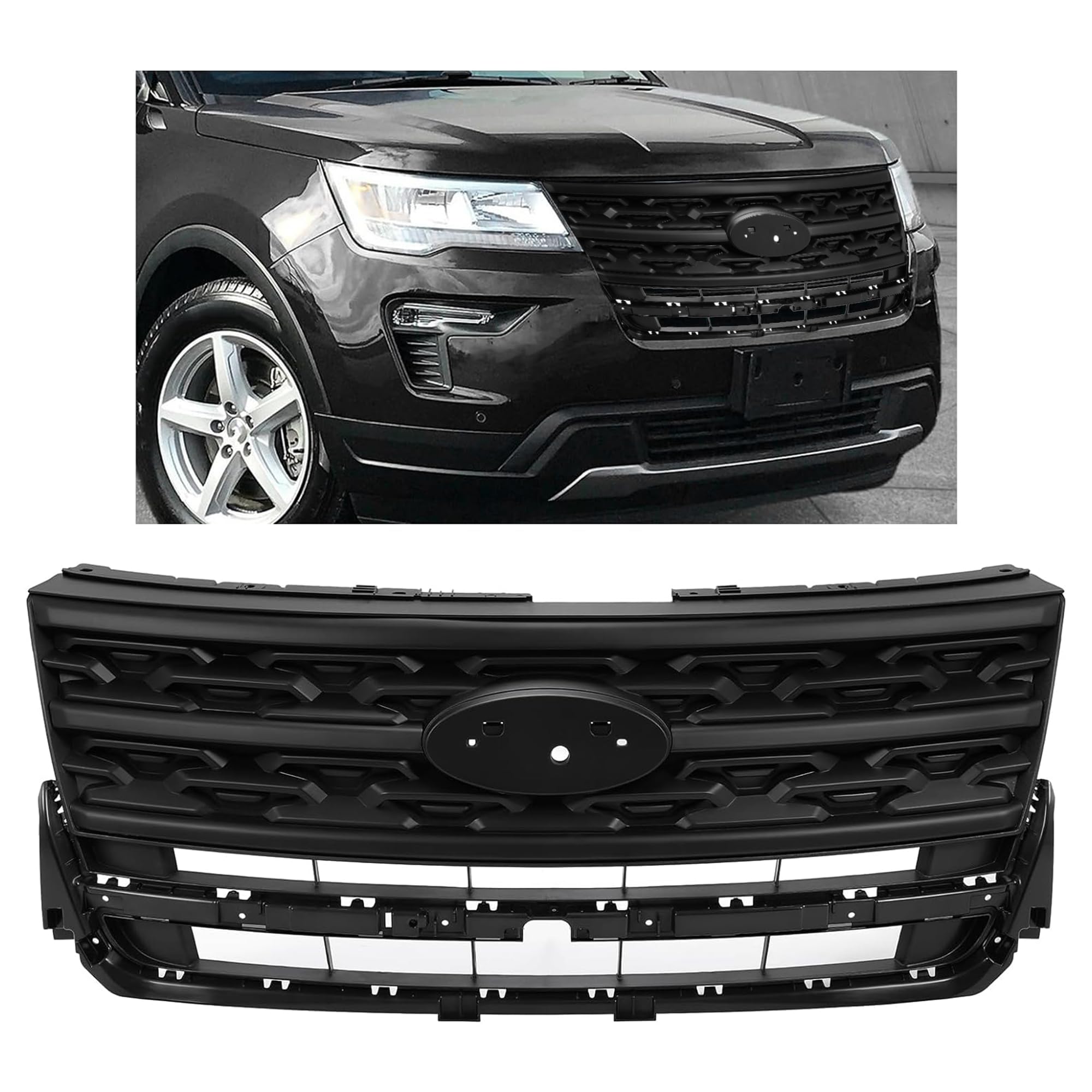 HECASA Grille Compatible with 2018-2019 Ford Explorer Base/Limited/Platinum/Sport/XLT Sport Utility 4-Door Front Bumper Upper Ho