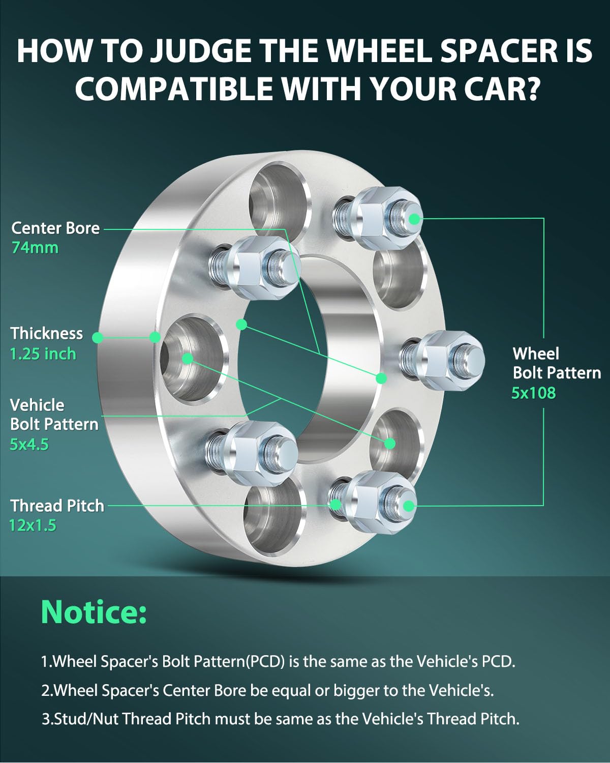 Scitoo 4Pcs 5X4.5 To 5X108 Wheel Adapters 1.25 Inch Bore 74Mm Studs 12X1.5 5 Lug Wheel Spacers No Hubcentric Fit For Hyundai Tuc