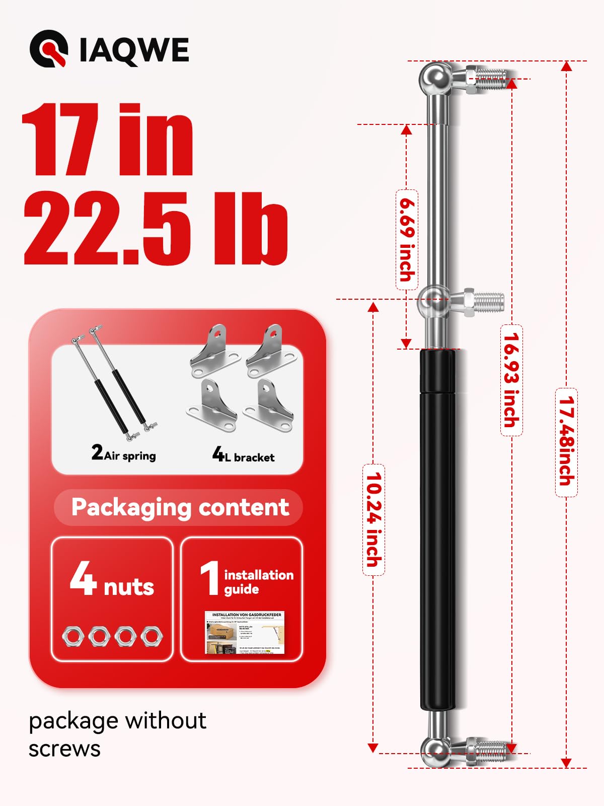 17 Inch 22.5Lbs/100N Gas Struts Springs Shocks Lift Support with L-Type Mounts for Boat Cover RV Bed Storage Heavy Duty Tool Box