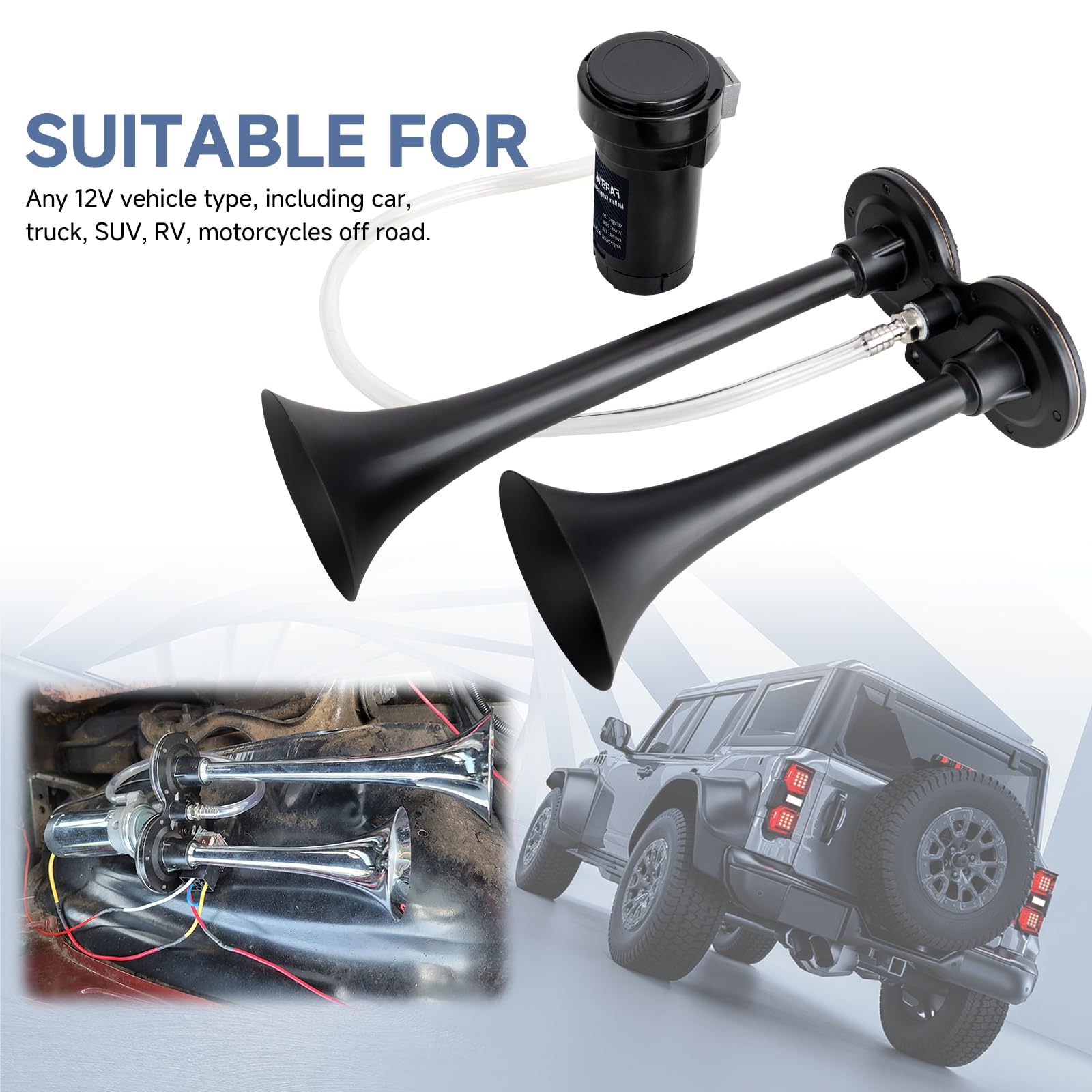 Farbin Loud Train Horn For Car 12V 150Db Super Loud Air Horn Dual Trumpet Truck Horn With Compressor And Button
