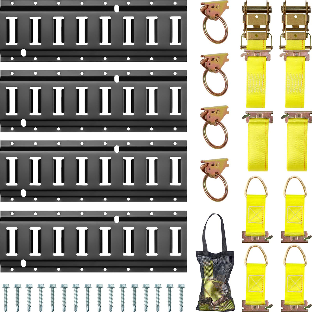 E Track Tie-Down Rail Kit, Trailer Tie Downs, 31 Pcs Set Etrack kit, 4 Rails, 4 Rope Tie Offs, 4 O Ring Anchors, 2 10ft Straps, 