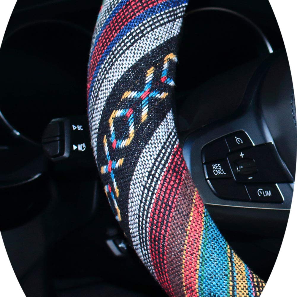 Shiawasena Car Steering Wheel Cover, Coarse Flax Cloth, Ethnic Style, Universal 15 Inch Fit, Anti-Slip Sweat-Absorbent (D#)