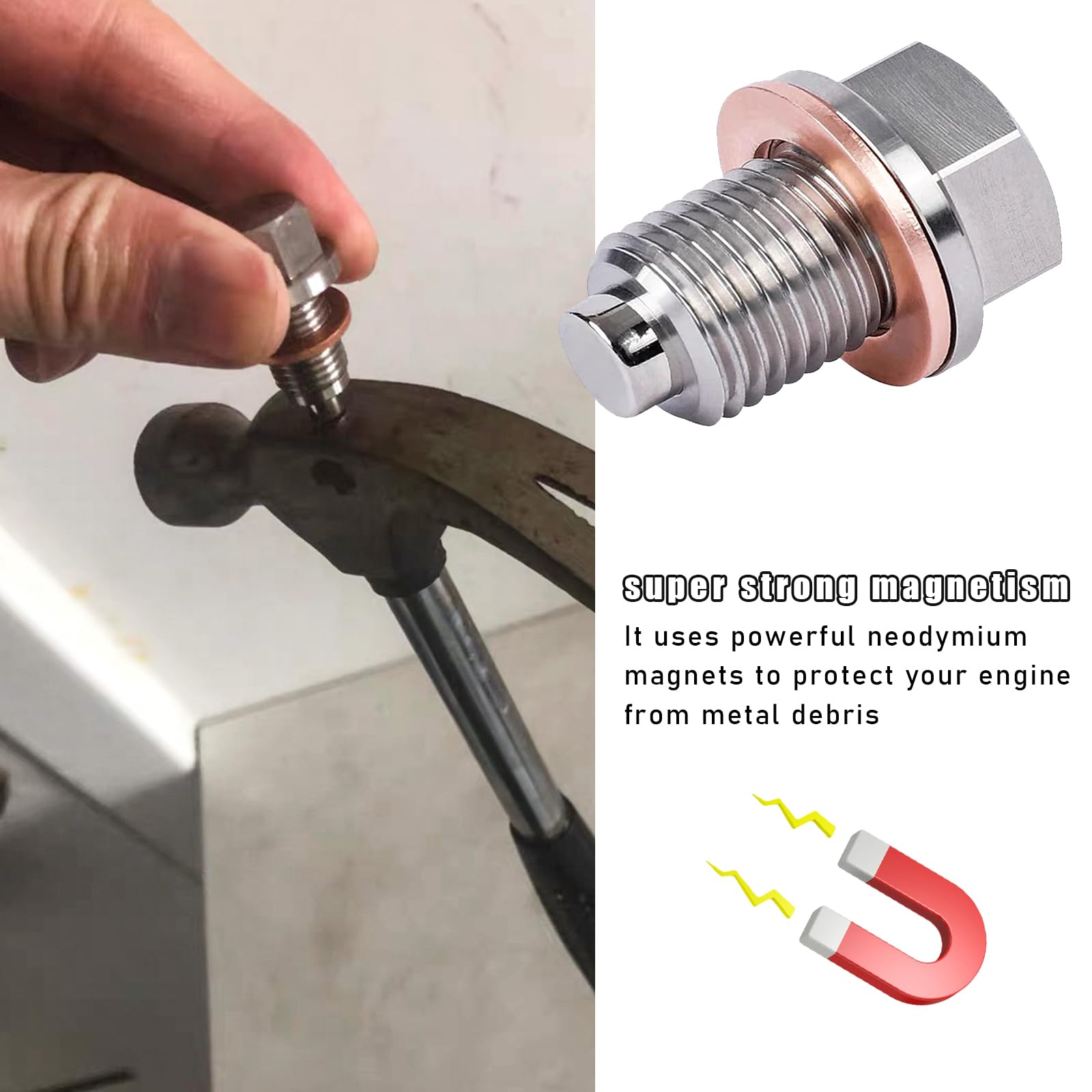 Povtii M12 X 1.25 Magnetic Oil Drain Plug, Stainless Steel Sump Drain Nut Bolt With 5 Crush Washer Gaskets, Leak-Proof Oil Drain