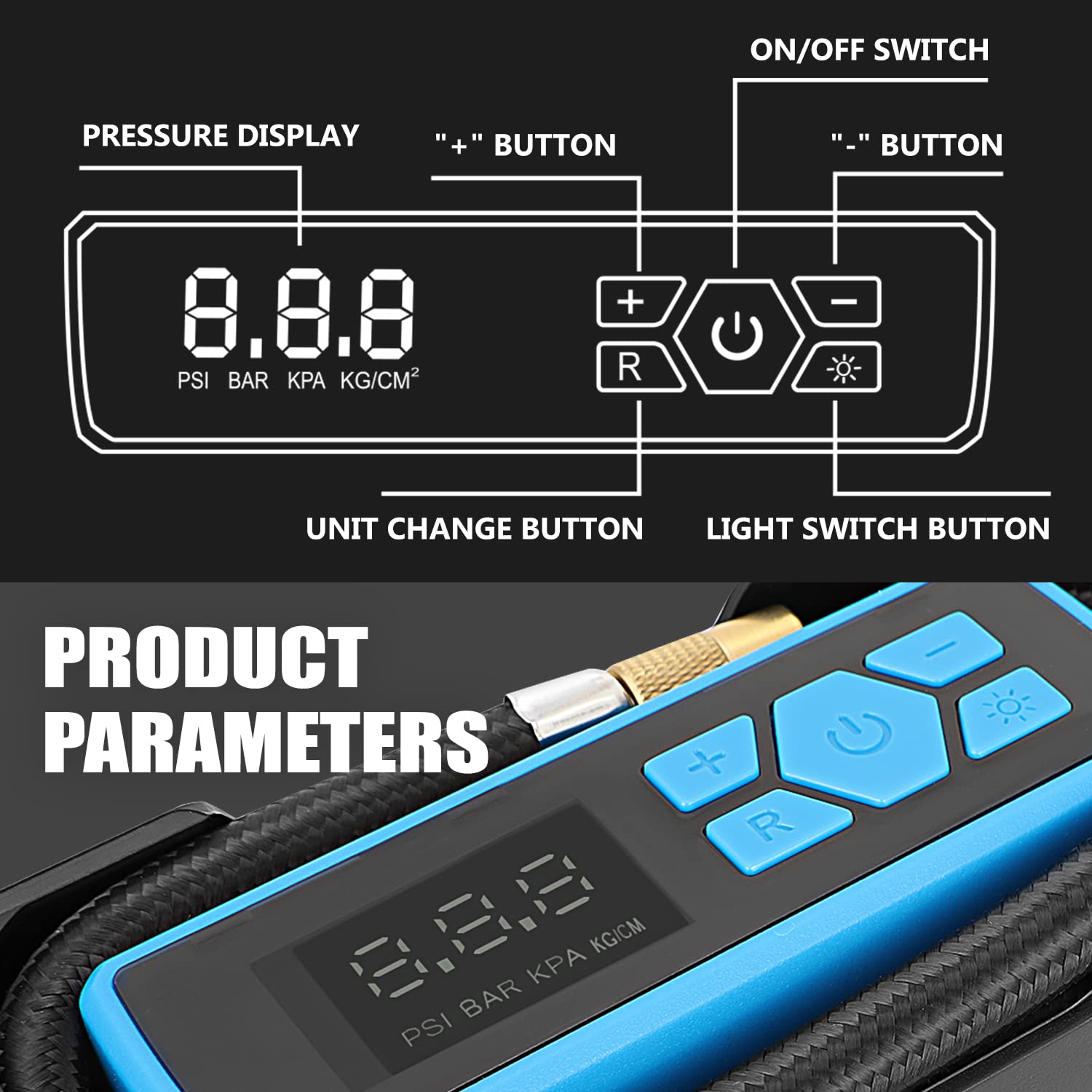 Dna Motoring Tools-00213 Blue 12V Dc Digital Tire Inflator Portable Air Compressor With Pressure Gauge For Cars, Bicycles, Motor
