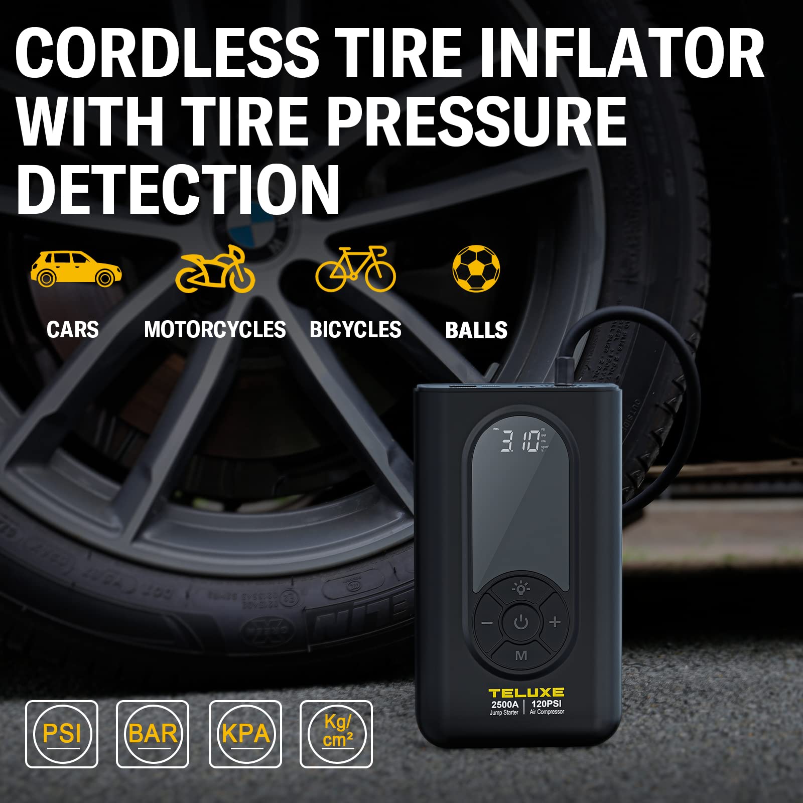 Teluxe Jump Starter With Air Compressor, 2500A 150Psi Car Battery Jump Starter With Digital Tire Inflator, 12V Lithium Jump Box