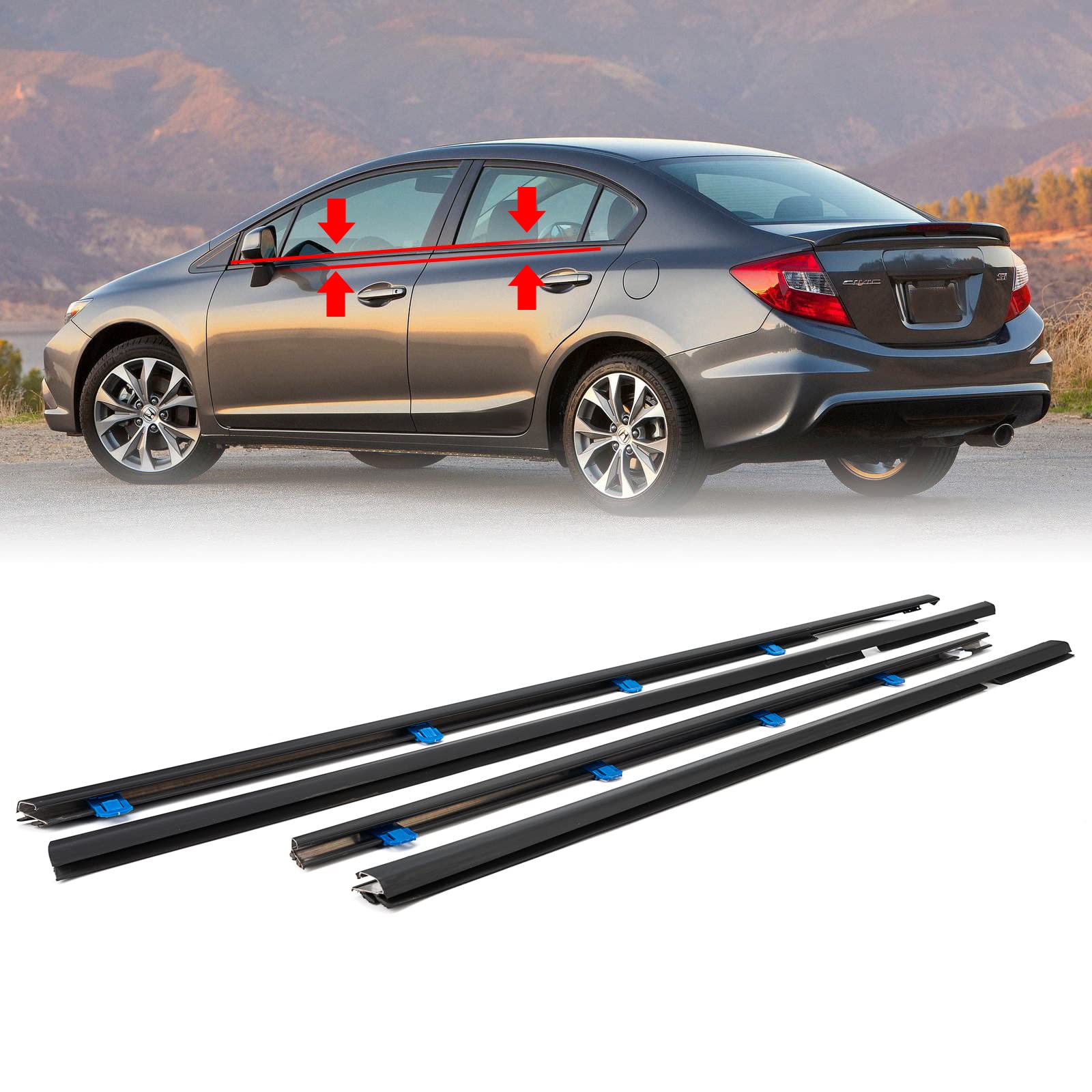 Geataat 4Pcs Weatherstrip Window Moulding Trim Seal Belt Compatible With 2012-2015 Honda Civic Replace# 72410Tr0A01