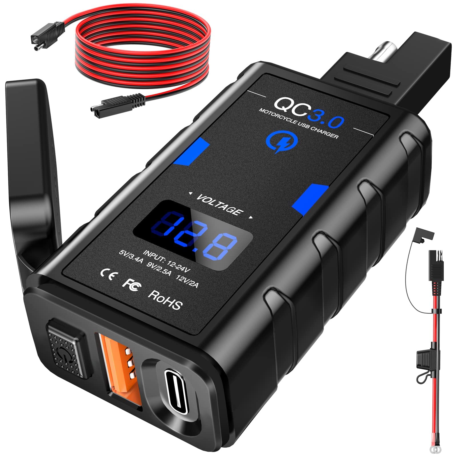 EXTRACTME Motorcycle USB Charger, Upgraded 6.4A Quick Charge 3.0 & Type C PD Dual Phone Charger with Voltmeter, Waterproof Motor