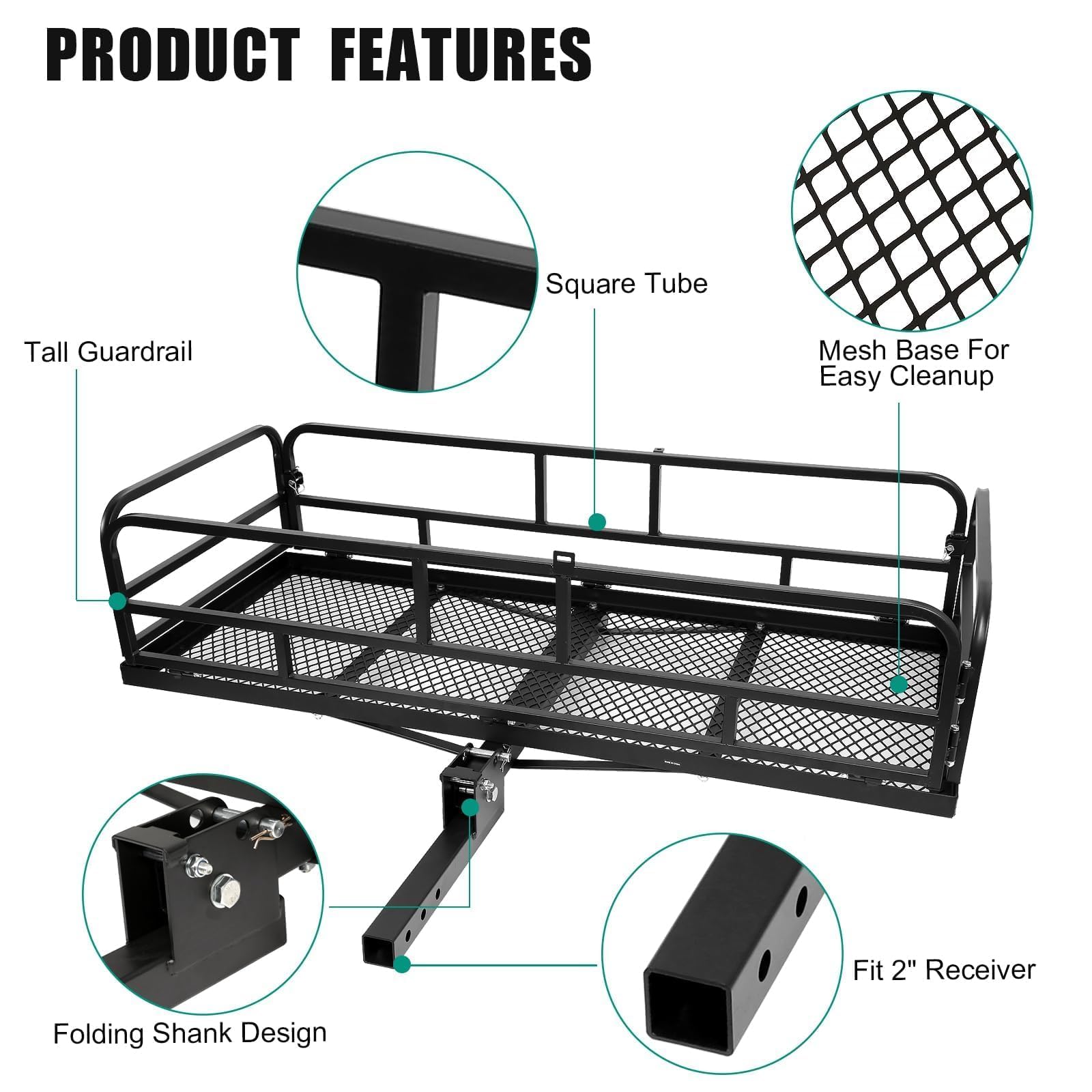 LITBM Hitch Cargo Rack, 60 x 24 x 14 Inch Folding Hitch Mount Cargo Carrier with High Side Rails for Trailer RV Truck SUV Van, 5