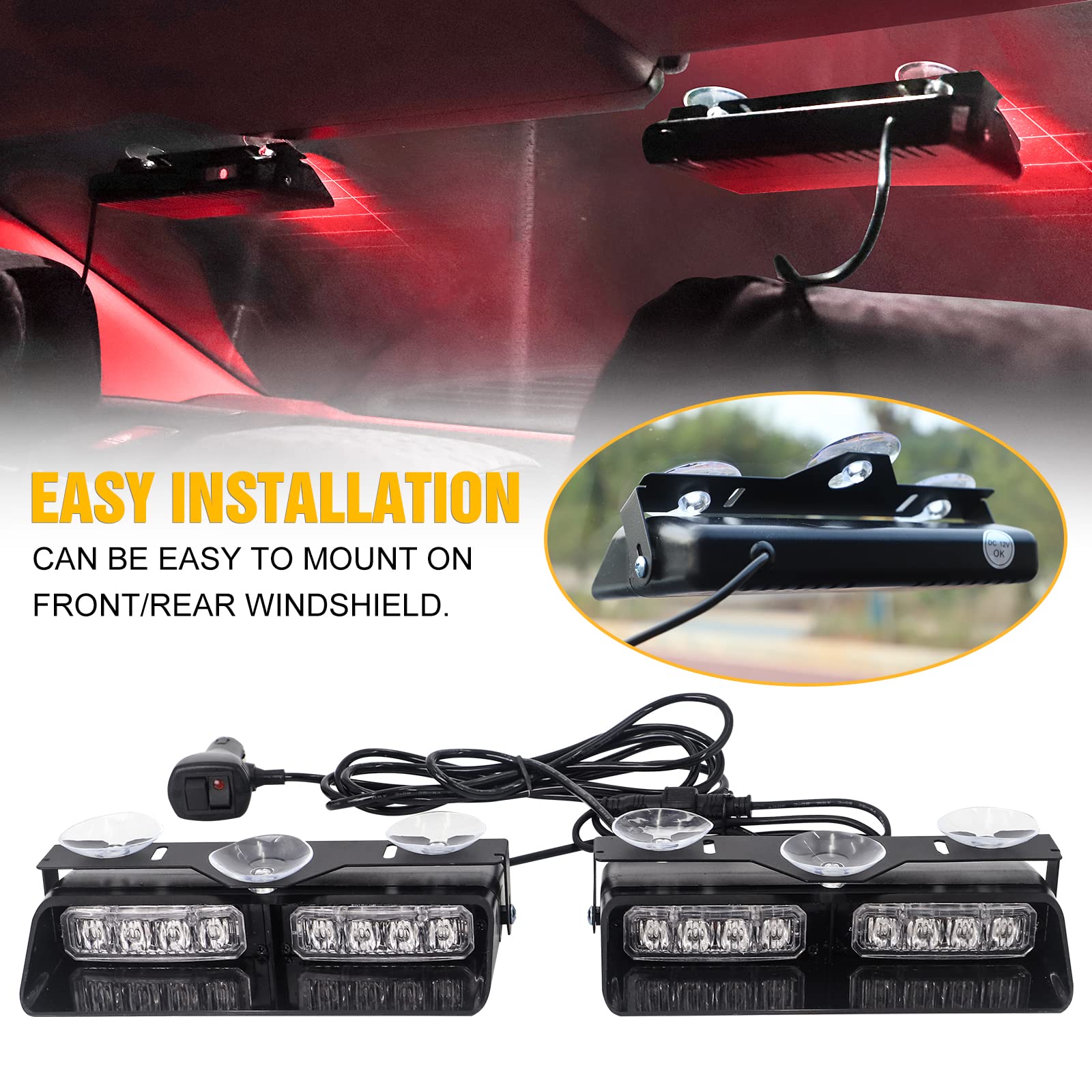 Xridonsen Red 2 In 1 Dash Emergency Strobe Lights Warning Safety Flashing Lights Interior Windshield W/Suction Cups For Ambulance Firefighter Volunteer Vehicles Trucks (2×7.16 Inch, 16 Led)