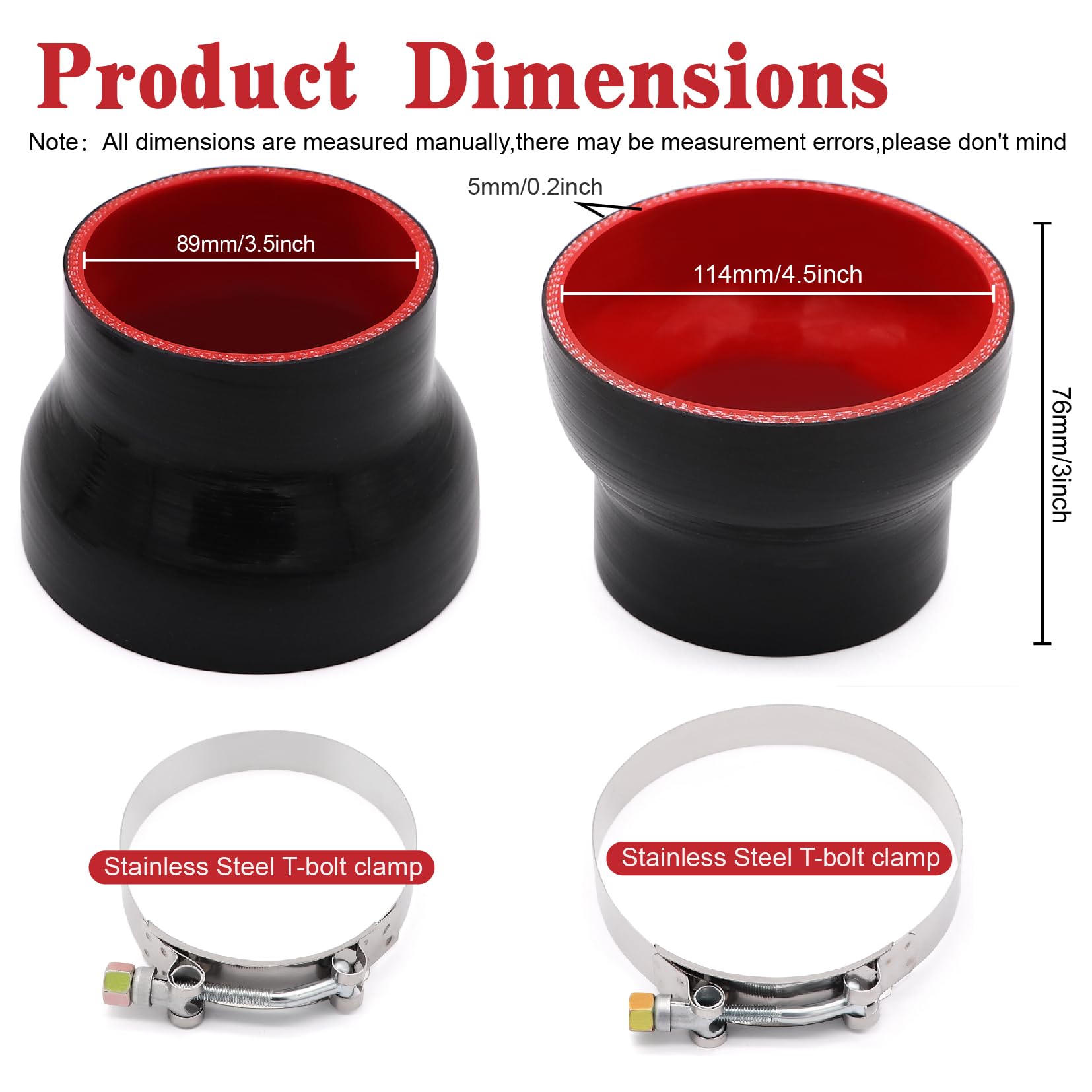 Taukealugs Straight Reducer Coupler Silicone Hose ID 3-1/2inch to 4-1/2inch 4-Ply with Stainless Steel T-Bolt Clamp for Automoti