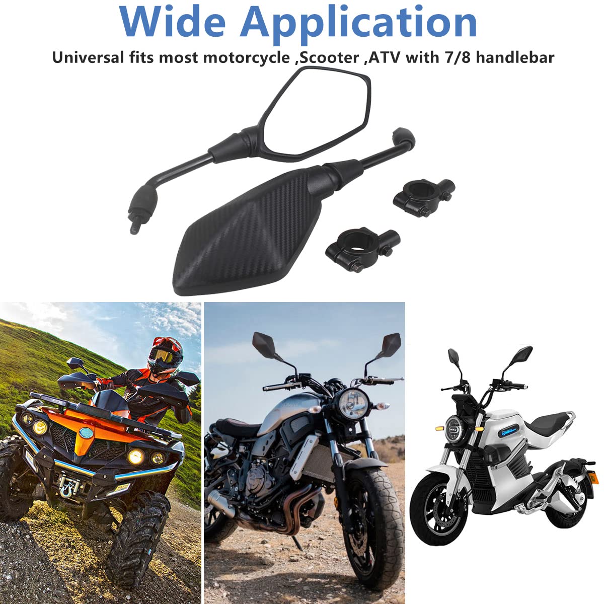 HKOO Universal Hawk-eye Motorcycle Convex Rear View Mirror - with 10mm Bolt, Handle Bar Mount Clamp Compatible with Cruiser, Suz