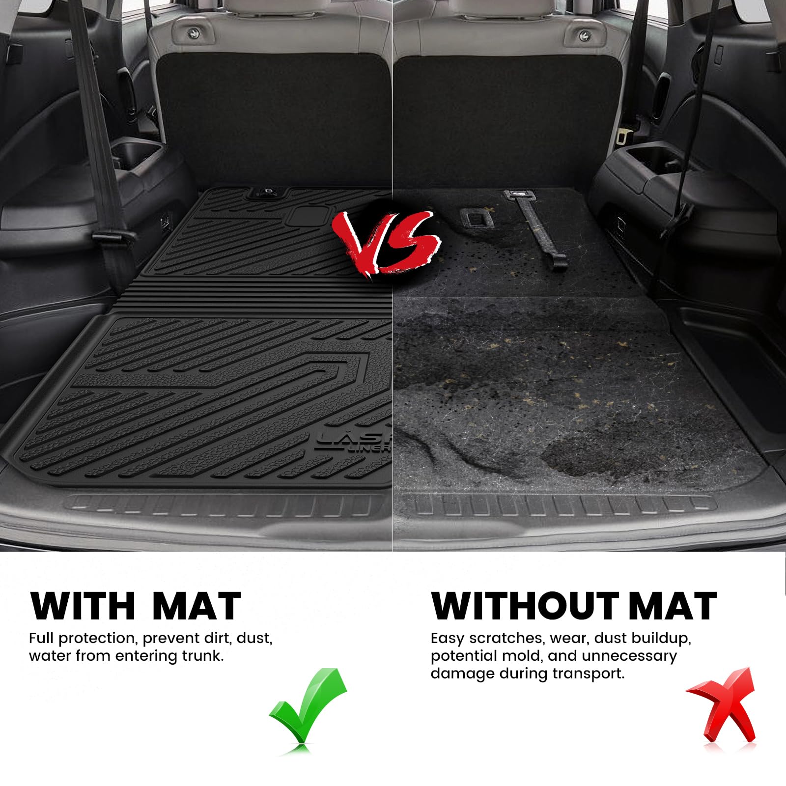 Lasfit Trunk Mat With Backrest Mat For Honda Pilot 2016-2023 2024 2025 (7&8 Seats), All Weather Tpe Custom Fit Cargo Mat Liner T